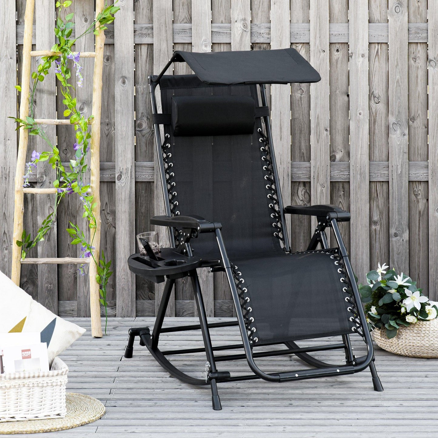 Outsunny Folding Rocking Chair with Headrest and Side Holder - Black - ALL4U RETAILER LTD