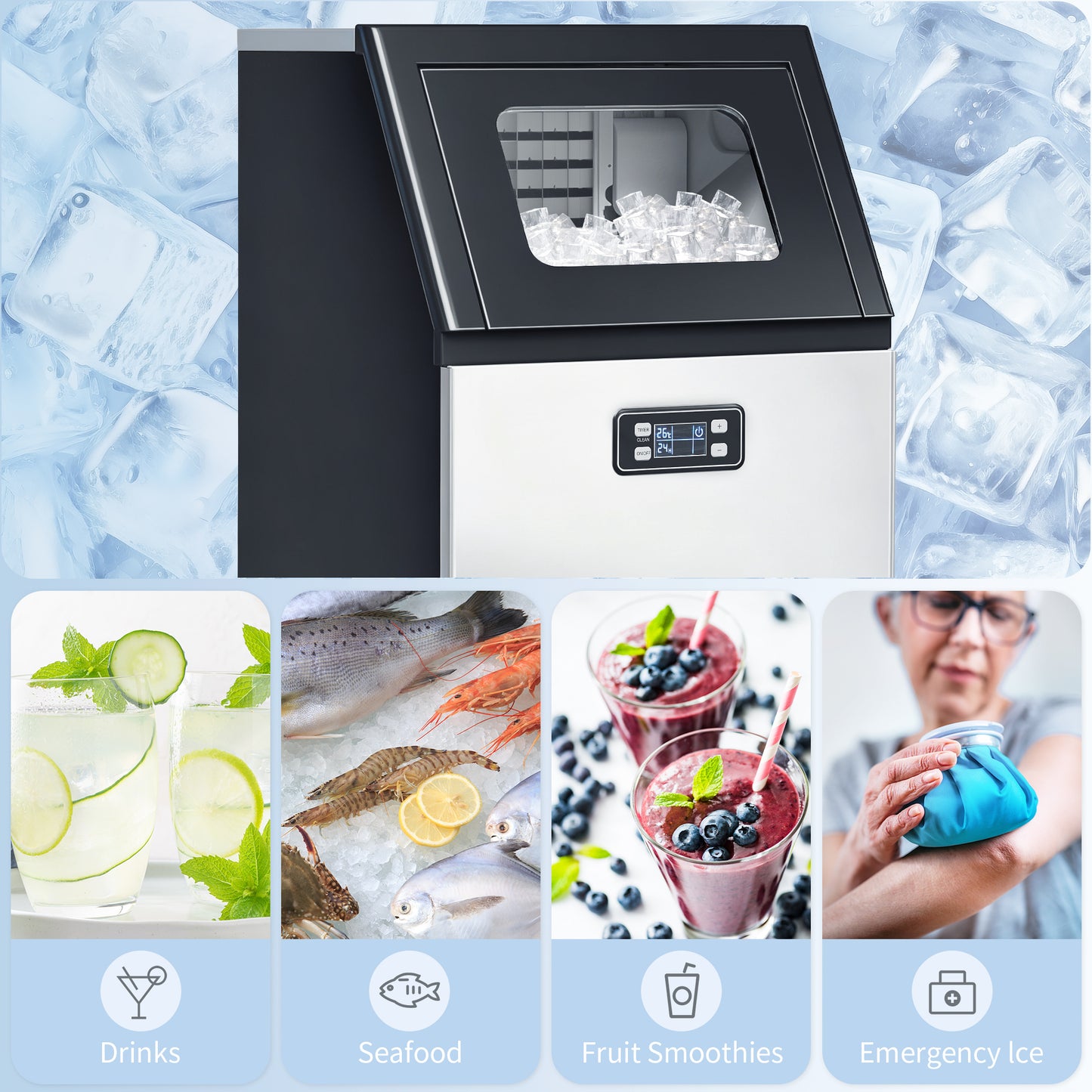 HOMCOM Commercial Ice Maker Machine With Self Cleaning LCD Display 45kg 24H 11kg Ice Storage For Home Office Bar