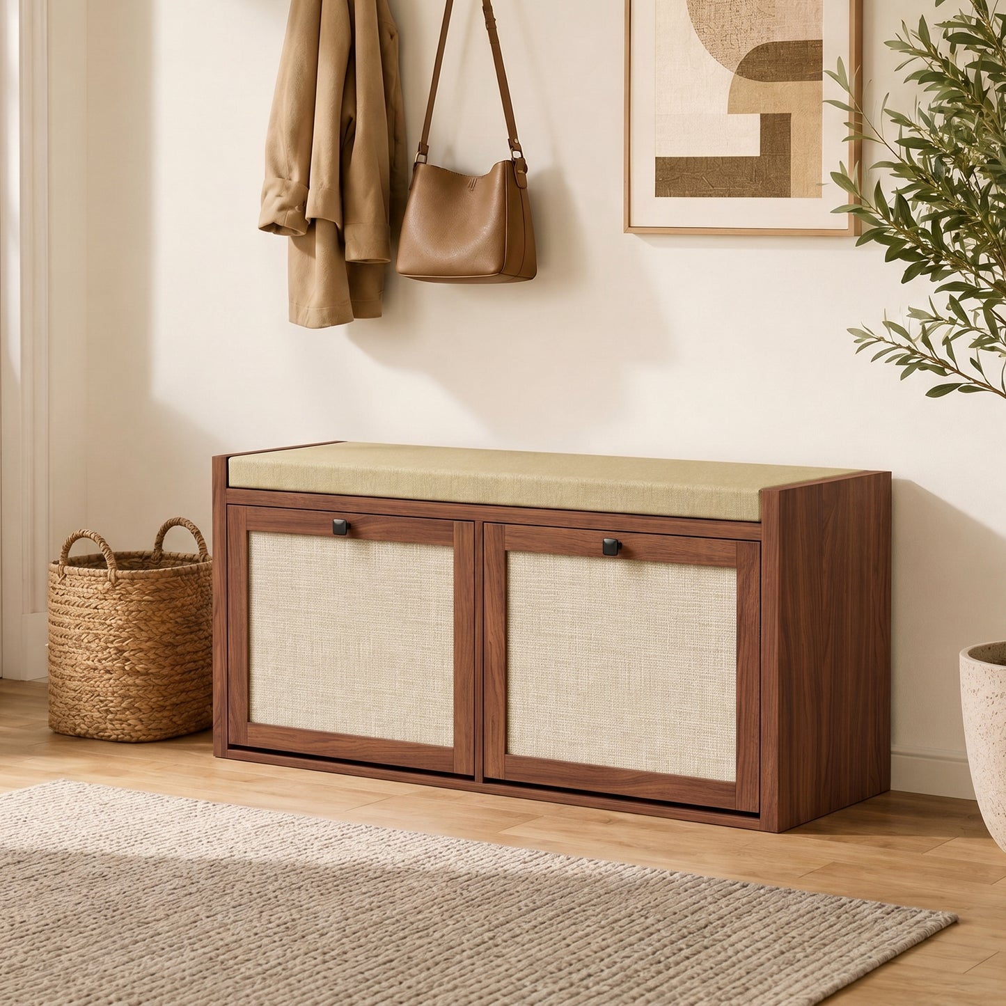 HOMCOM Rattan Shoe Bench With Padded Cushion And Hidden Storage Cabinets For Hallway Brown