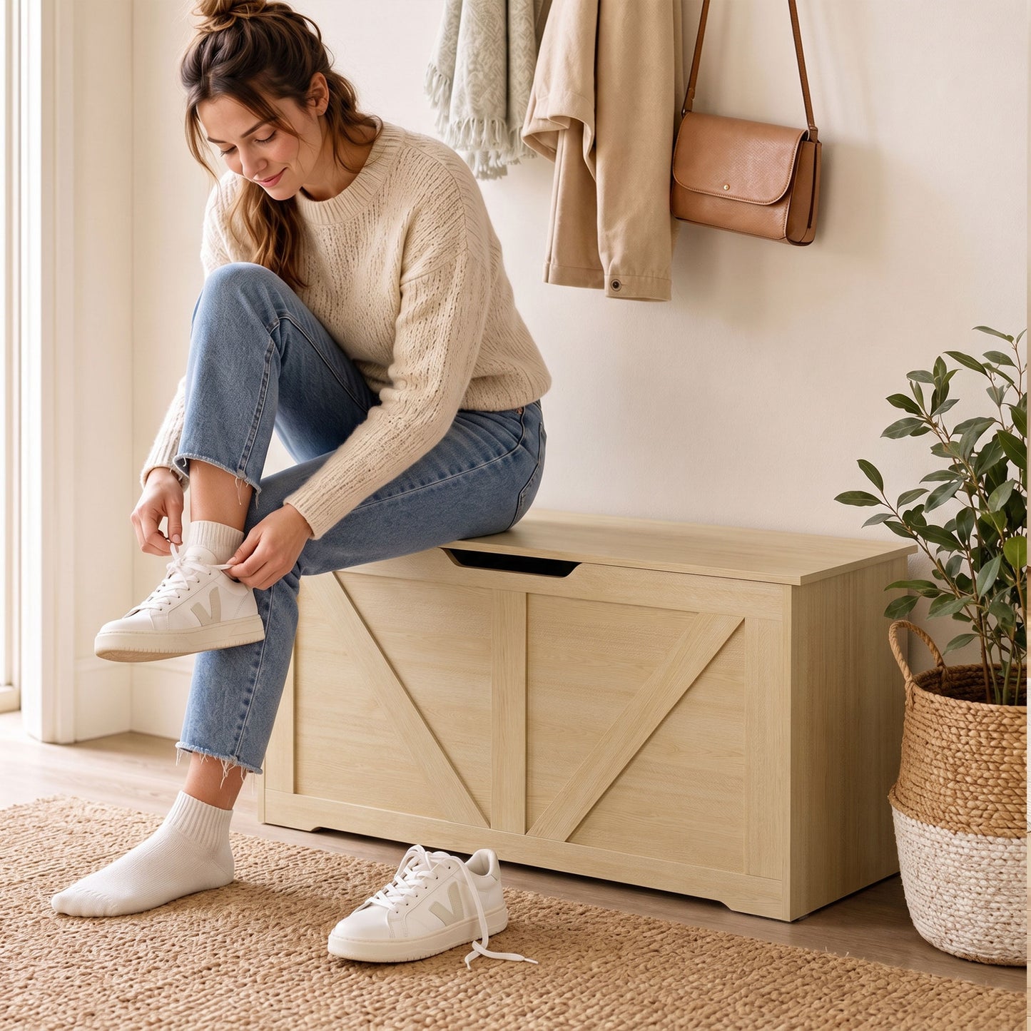 HOMCOM 127L Storage Box With Safety Hinges And Flat Lid Nature Wood Finish Ideal For Blanket Storage And Seating