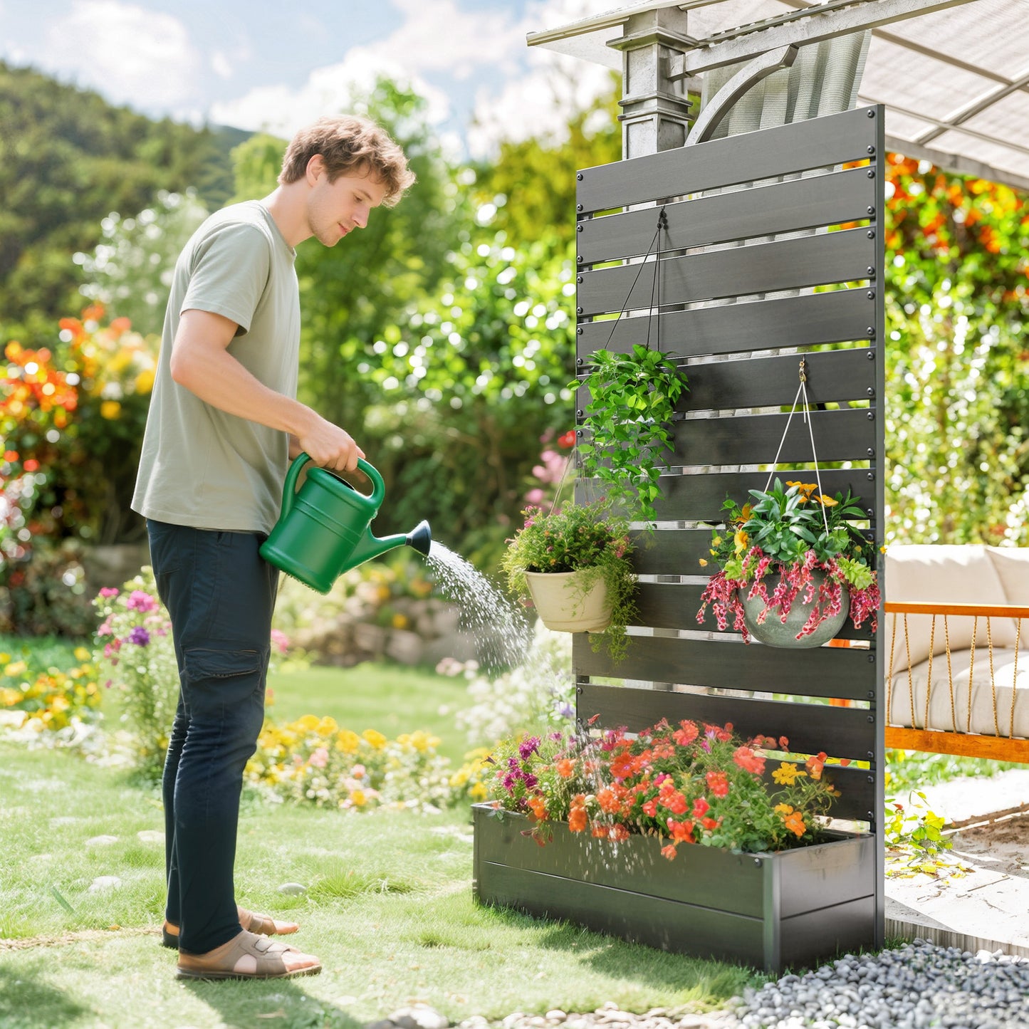 Outsunny Raised Garden Bed With Trellis For Climbing Plants Privacy Screen Black