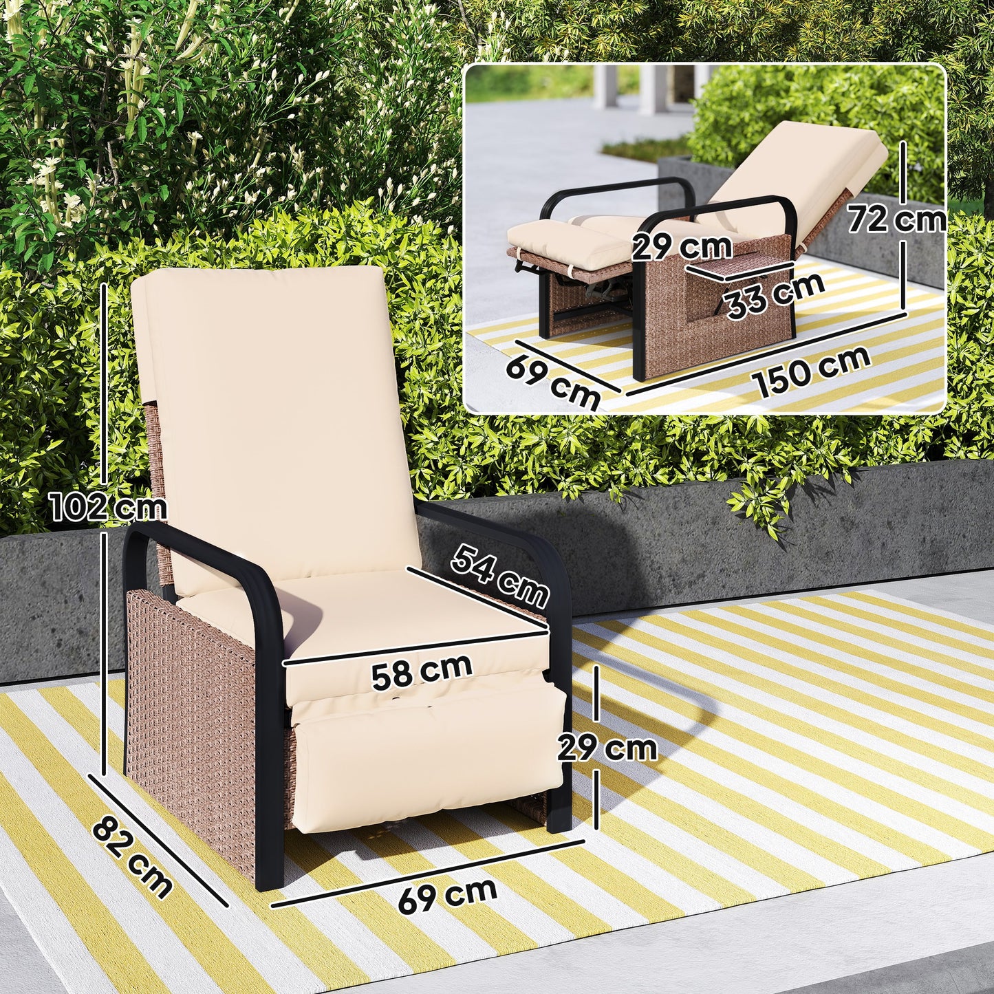 Outsunny 140 Degree Reclining Rattan Armchair With Footrest And Cushioned Seat In Brown Khaki