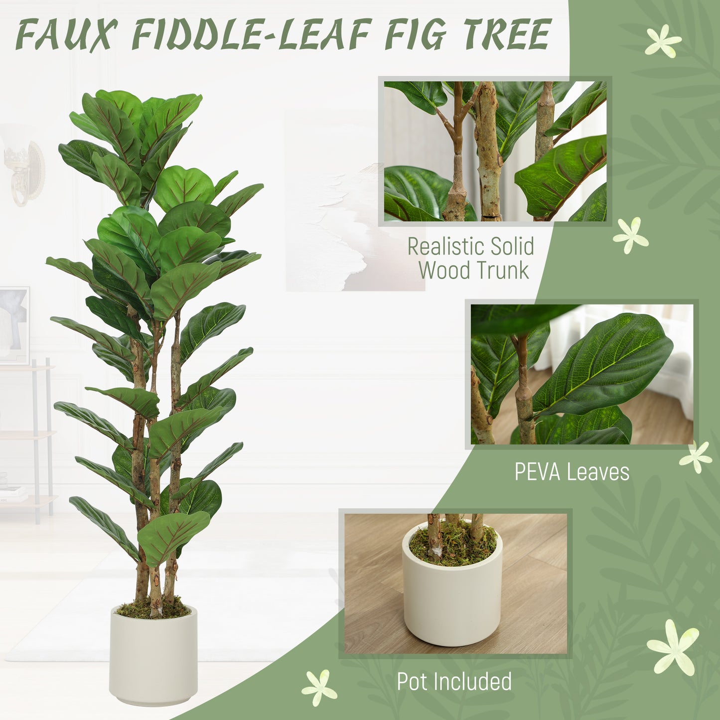 HOMCOM 120cm Artificial Fiddle Leaf Fig Tree Green Realistic Leaves Maintenance Free Indoor Plant Decor