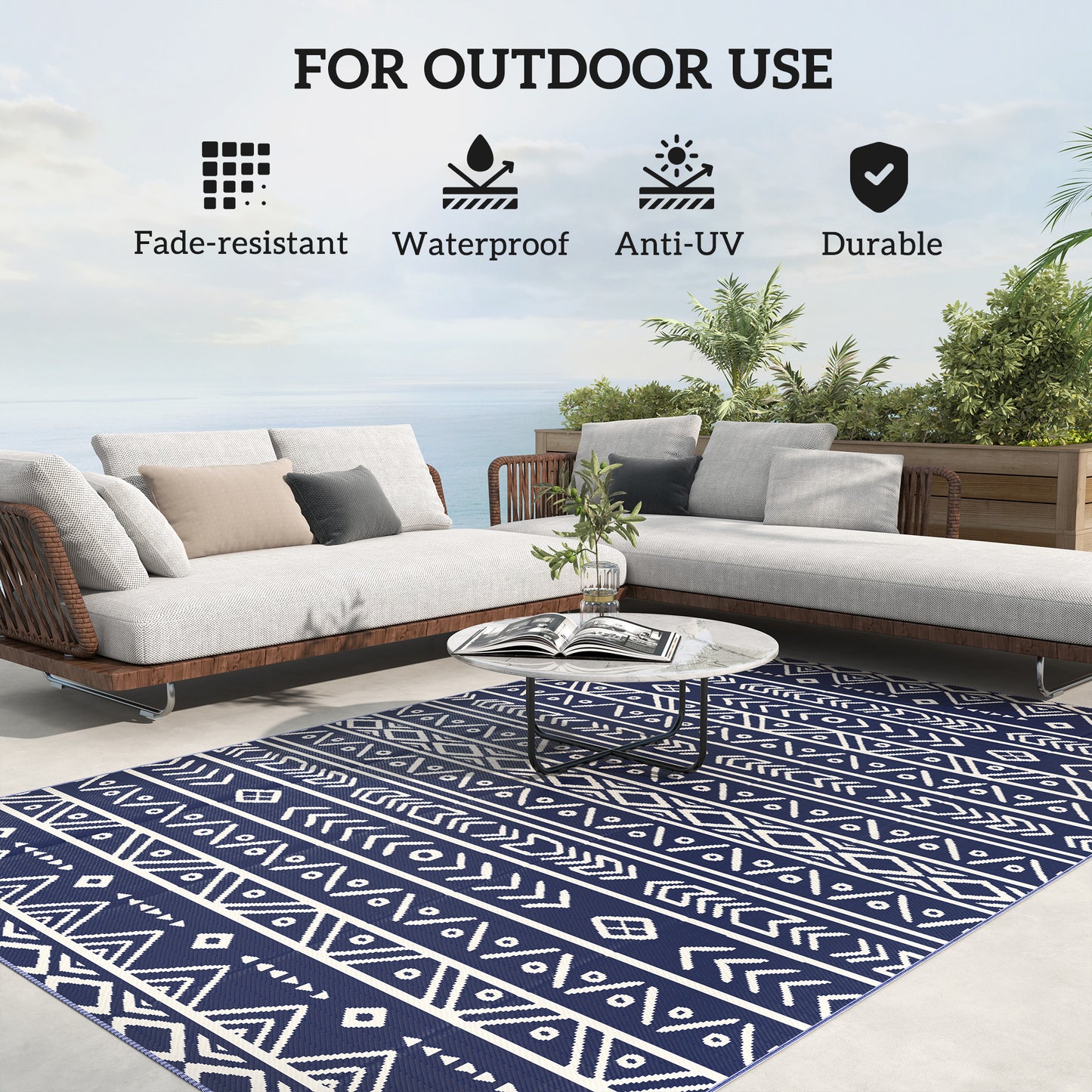 Outsunny Reversible Outdoor Rug with Carry Bag Waterproof Plastic Straw Mat 182 x 274 cm Dark Blue and White