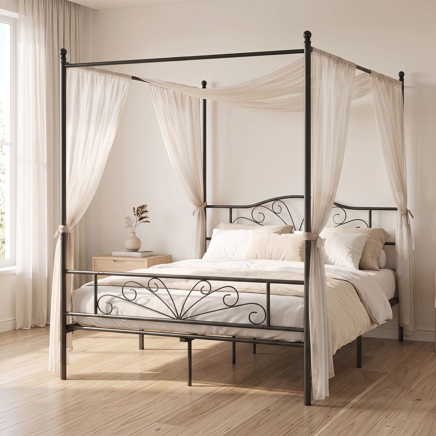 Homcom Double Canopy Bed Frame Metal Platform With Headboard Black
