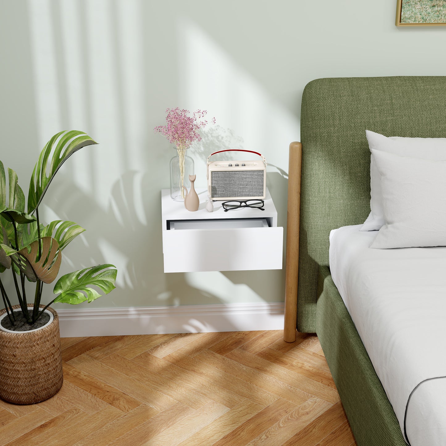 HOMCOM Floating Bedside Table Wall Mounted Nightstand With Storage Drawer White Finish