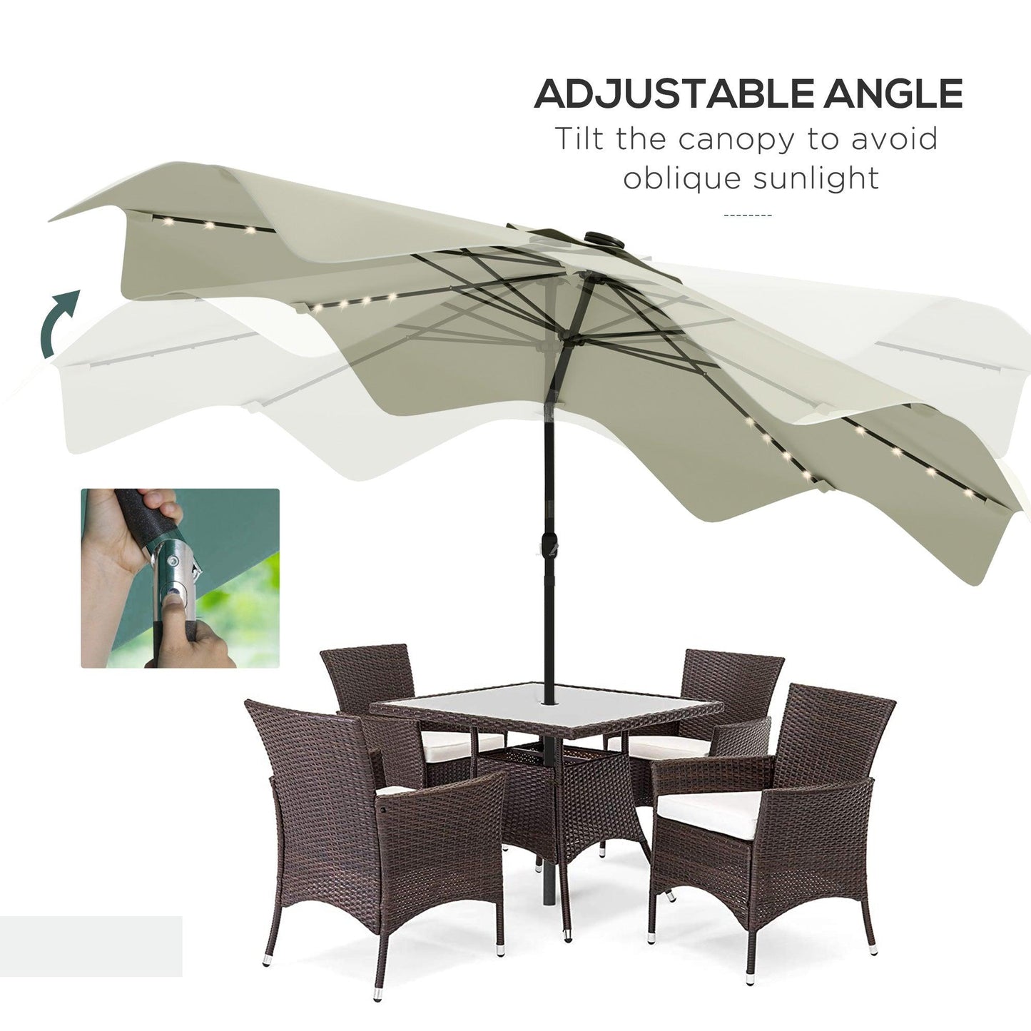 Outsunny Solar Patio Umbrella with LED and Tilt, Outdoor Market Table Umbrella Parasol with Crank, 3 x 3 (m), Cream White - ALL4U RETAILER LTD