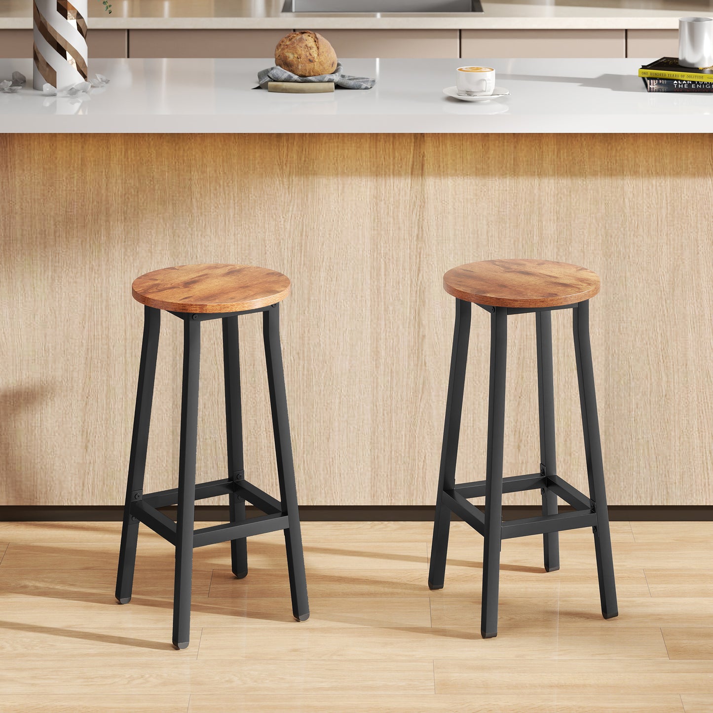 HOMCOM Breakfast Bar Stools Set of 2 with Footrest Industrial Round Rustic Brown 32 x 32 x 65 cm