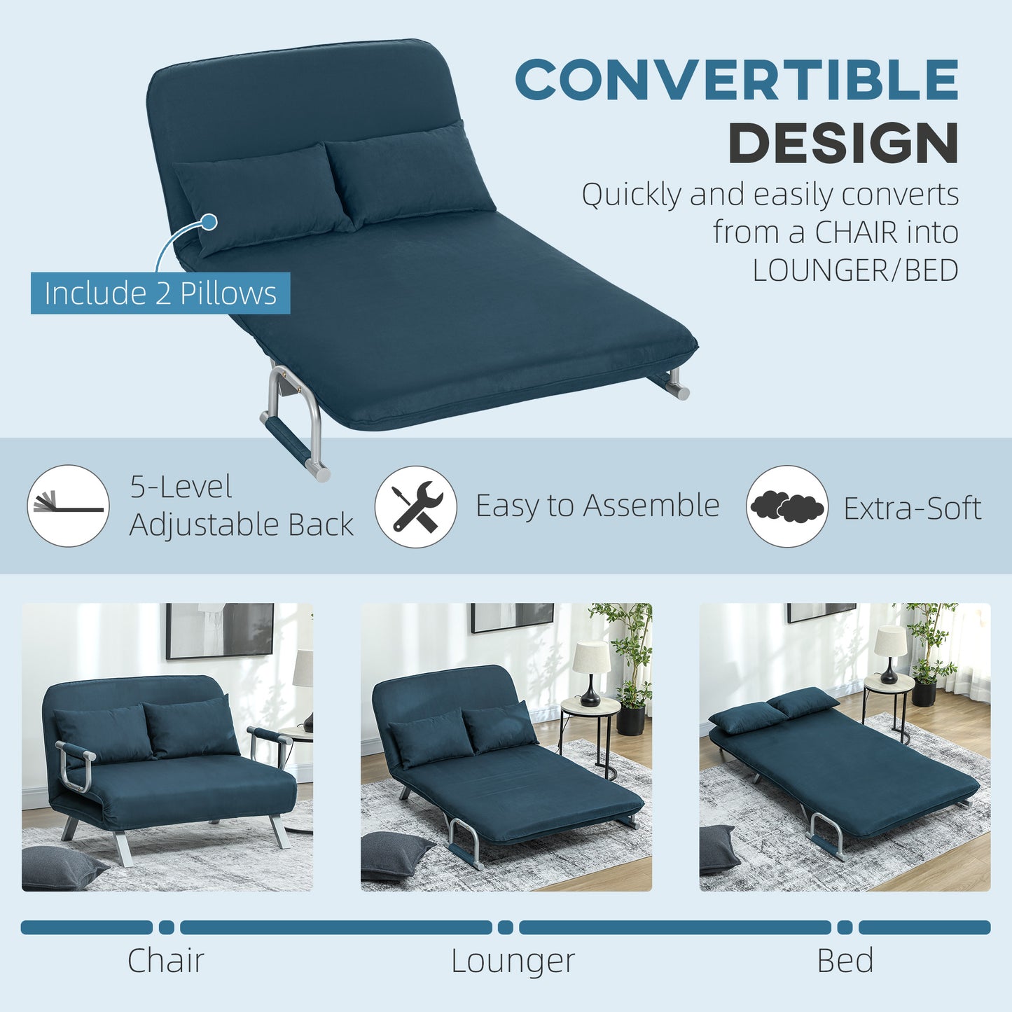 HOMCOM Two Seater Click Clack Sofa Bed Navy Blue With Adjustable Back And Faux Suede Upholstery