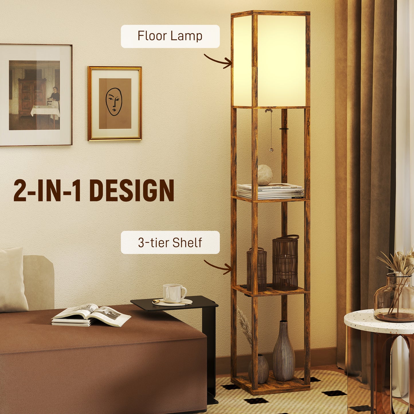 HOMCOM Floor Lamp With Shelves, USB Ports, 3 Colour Temperature, Rustic Brown Standing Lamp
