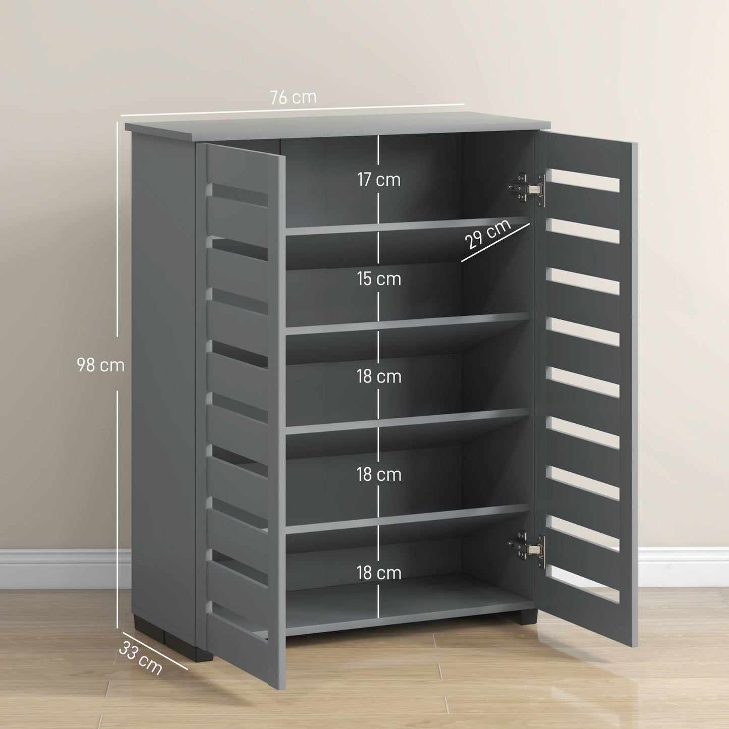 HOMCOM Narrow Shoe Cabinet for Entryway Five Tier Slim Shoe Storage with Two Slatted Doors and Adjustable Shelves Grey