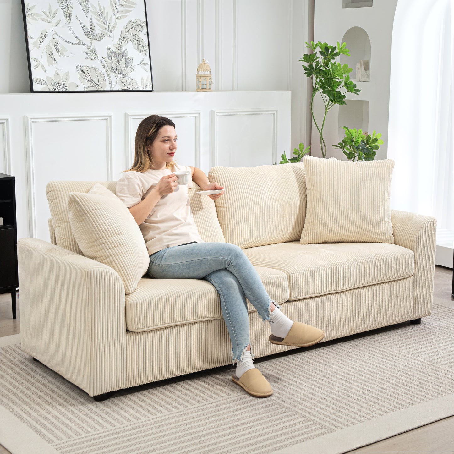 HOMCOM Modern 3 Seater Sofa With Spring Cushion 212 cm Corduroy Fabric Sofa With 2 Scatter Cushions Cream White