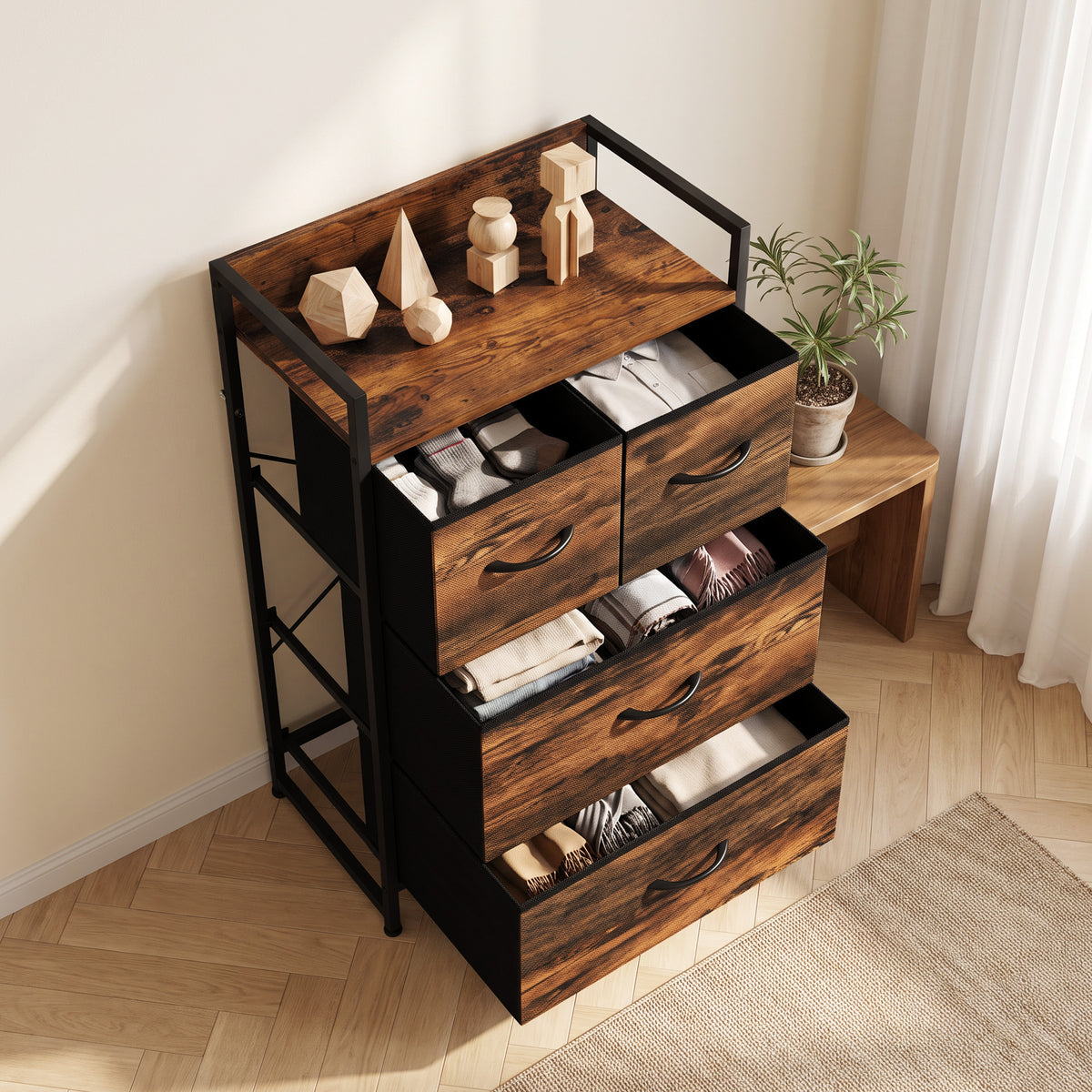 Rustic brown storage dresser with open top shelf and multiple pull-out drawer fronts