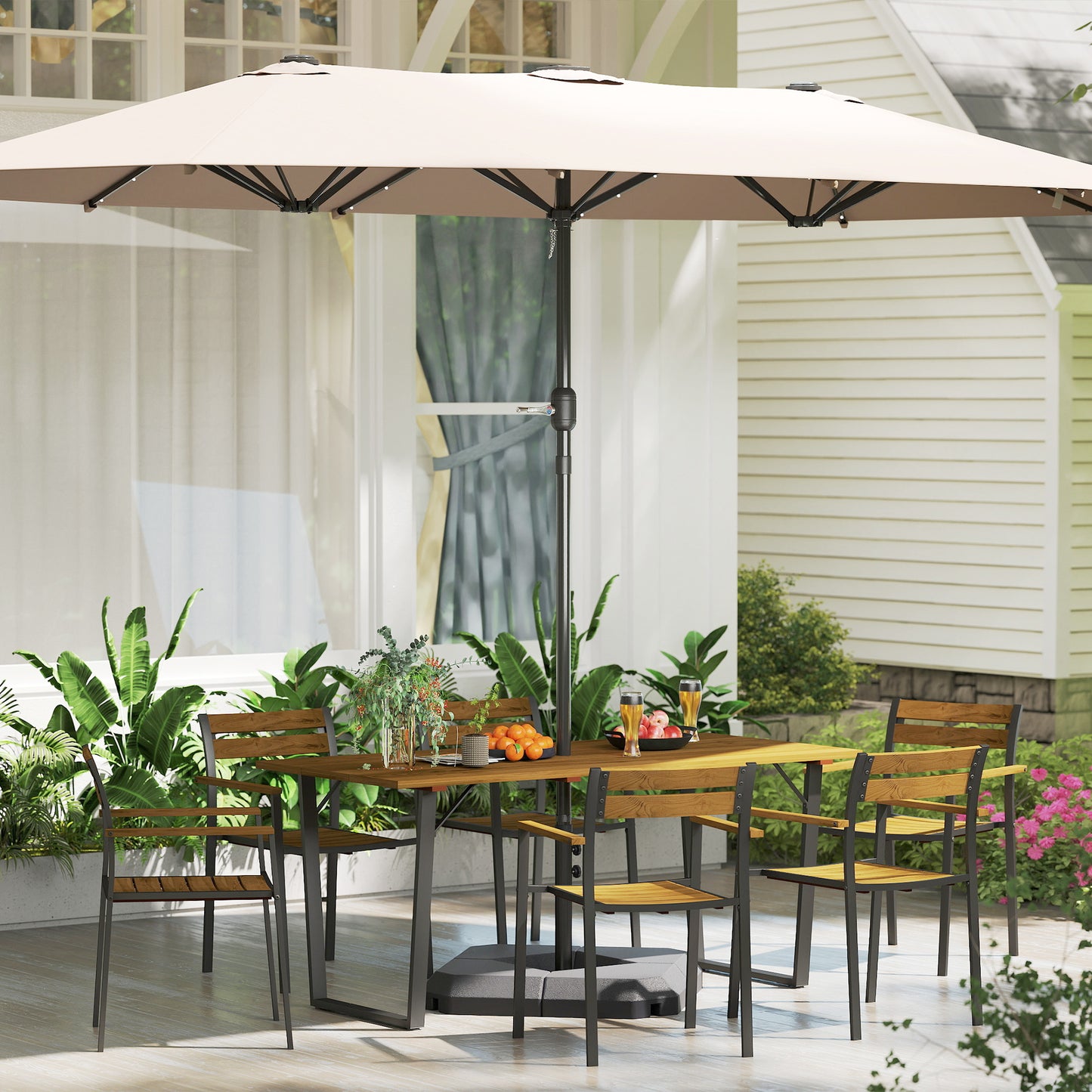Outsunny Seven Piece Wood Panel Patio Dining Set With Table And Six Stacking Chairs Brown Black