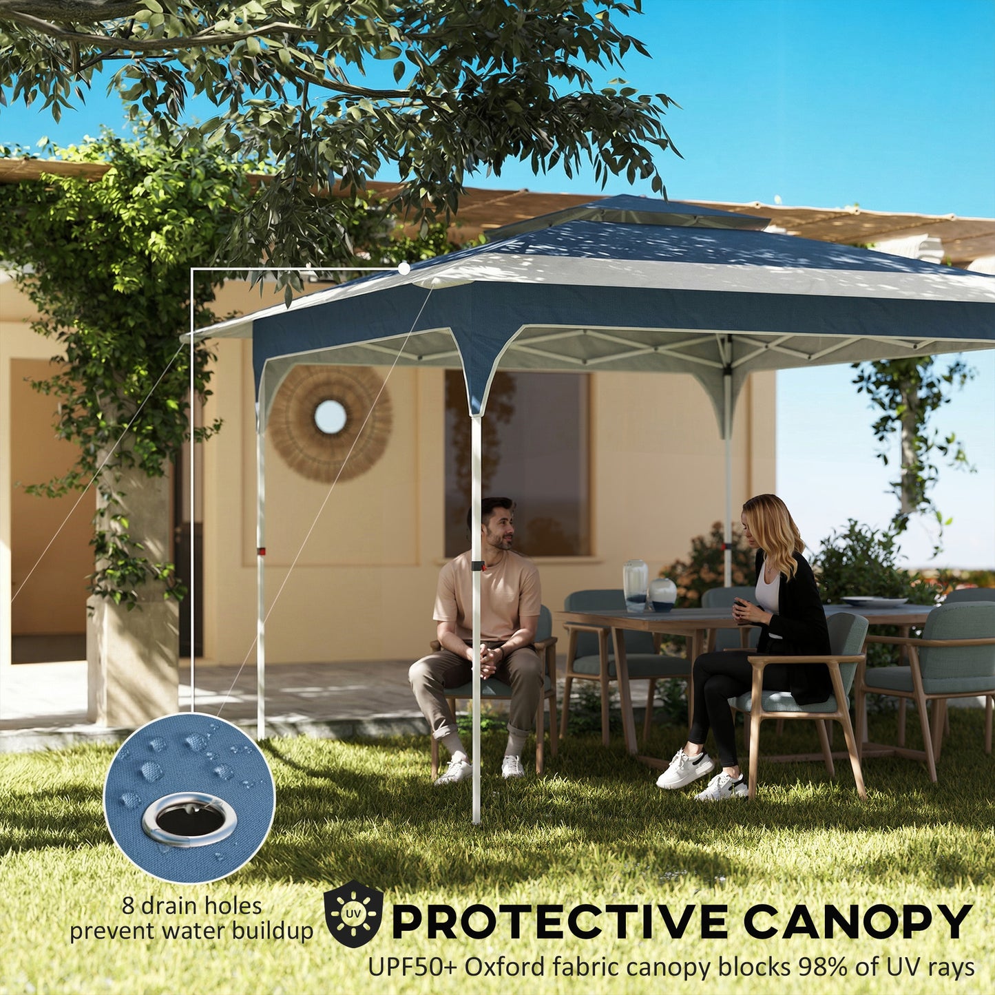 Outsunny 3.5 x 3.5 m Pop Up Gazebo With One Push Setup UPF 50 Plus Double Tier Canopy Garden Tent Carry Bag Blue