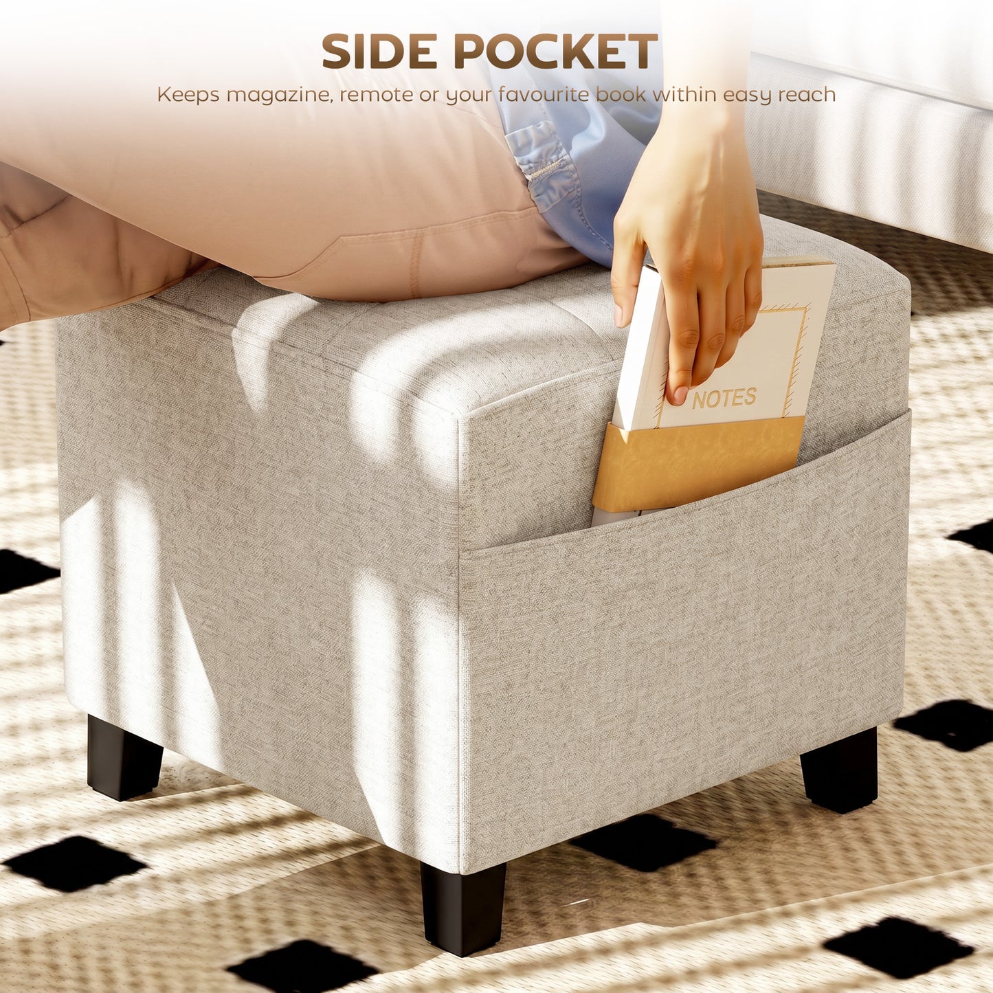 HOMCOM Small Storage Ottoman Square Footstool With Side Pocket Rubber Wood Legs Padded Beige Living Room
