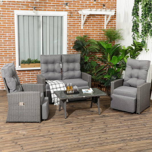 Outsunny 4 Piece Rattan Garden Furniture Set with Sofa, Glass Table, Grey - ALL4U RETAILER LTD