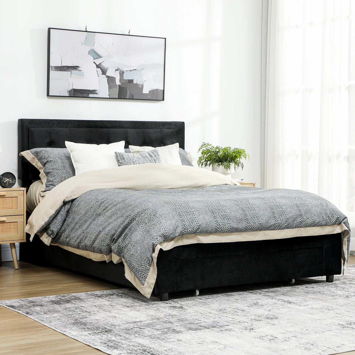 HOMCOM King Ottoman Bed Frame With Storage Drawer Gas Lift And Adjustable Upholstered Headboard Black 5ft