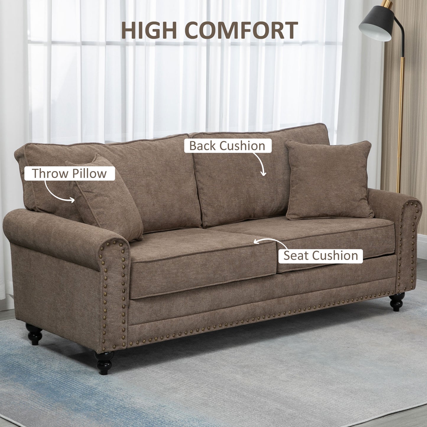 HOMCOM 196cm 3 Seater Fabric Sofa With Rubber Wood Legs Nailhead Trim Two Pillows Upholstered Couch Settee Brown