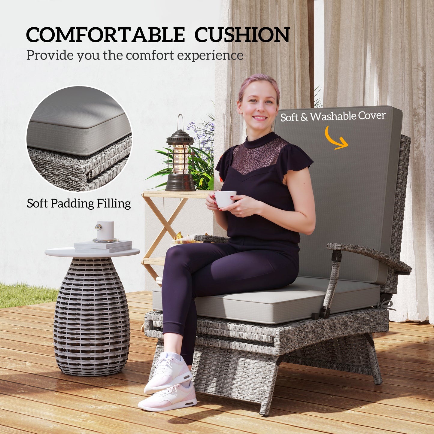Outsunny 80 Degree Reclining Rattan Lounger With Adjustable Backrest And Footrest Grey Garden Chair