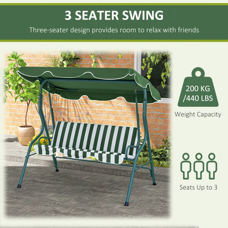 Outsunny 3 Seater Garden Swing Seat Chair Outdoor Bench with Adjustable Canopy and Metal Frame - Green Stripes | Patio Swing for Relaxation and Comfort - ALL4U RETAILER LTD