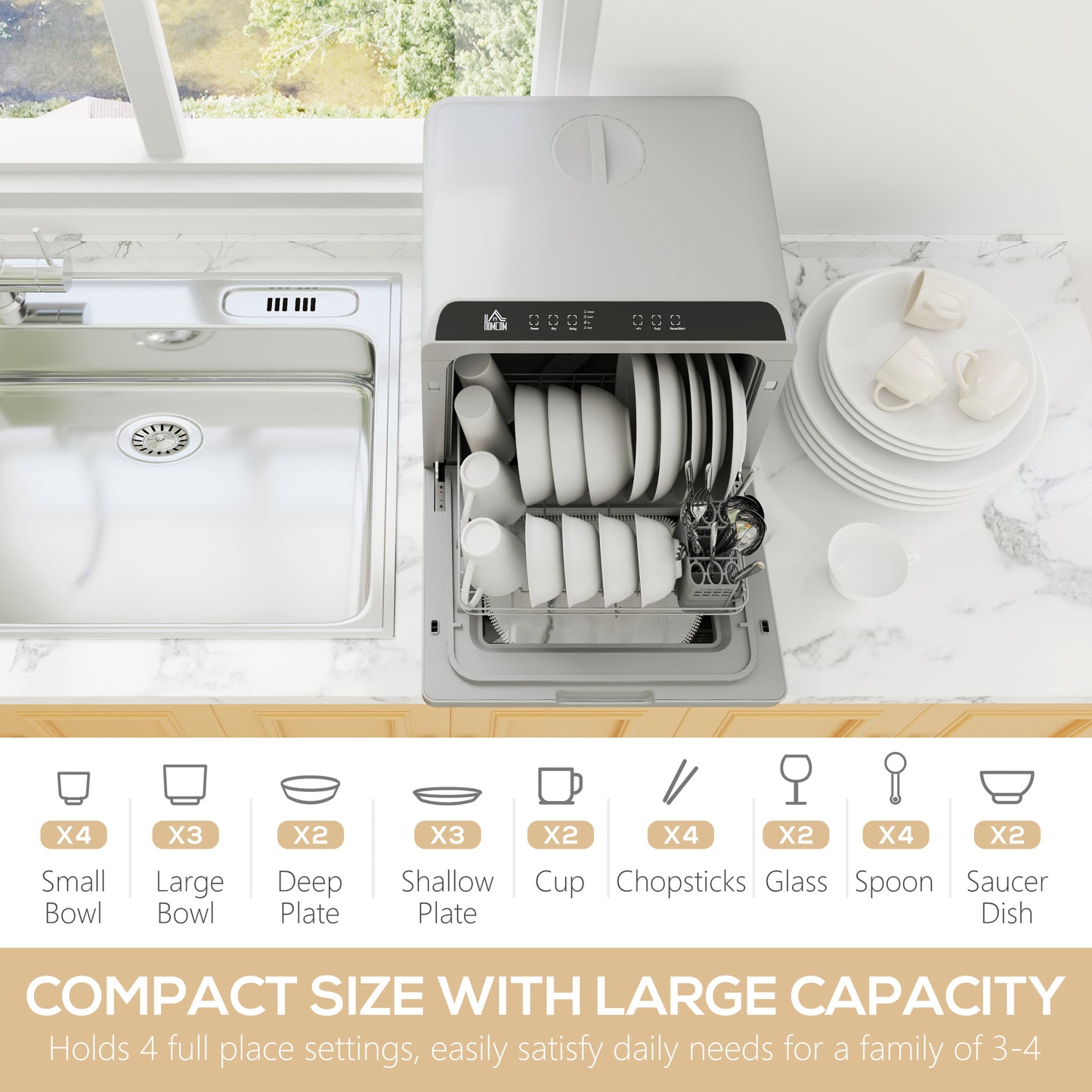 HOMCOM Table Top Dishwasher With Built In 6L Water Tank 6 Programs 4 Place Settings Compact Countertop Silver