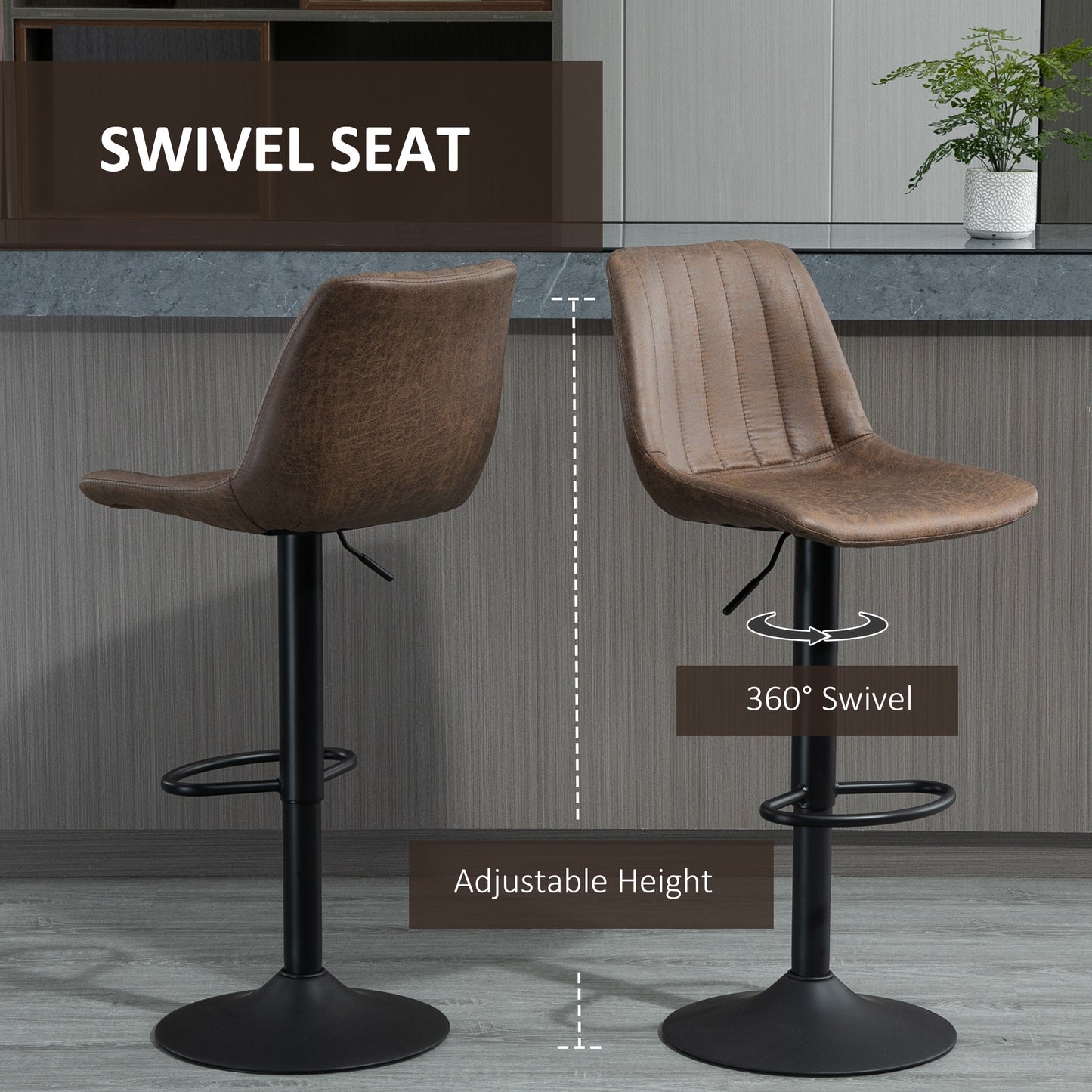 HOMCOM 2-Piece Adjustable Height Barstools with 360° Swivel and Footrest - Retro Brown Dining Chairs for Home Pub Use - ALL4U RETAILER LTD