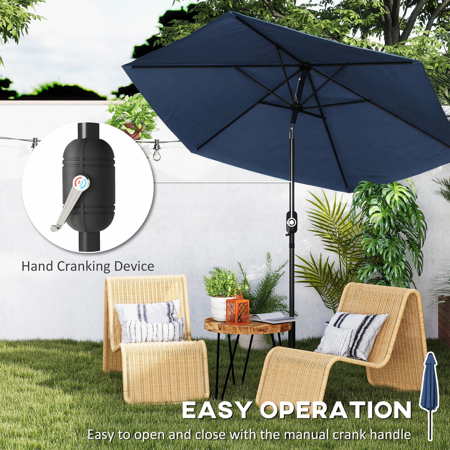 Outsunny 2.6 m Garden Parasol Umbrella With Aluminium Pole Outdoor Patio Umbrella Tilt Crank Vent Navy Blue