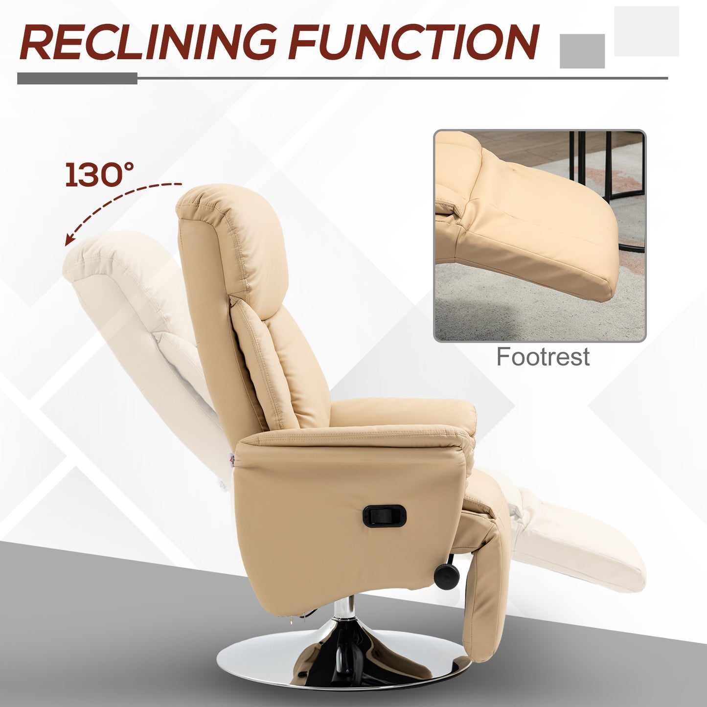 HOMCOM Manual Adjustable Swivel Recliner Chair With Footrest Padded Arms PU Leather Upholstery Beige
