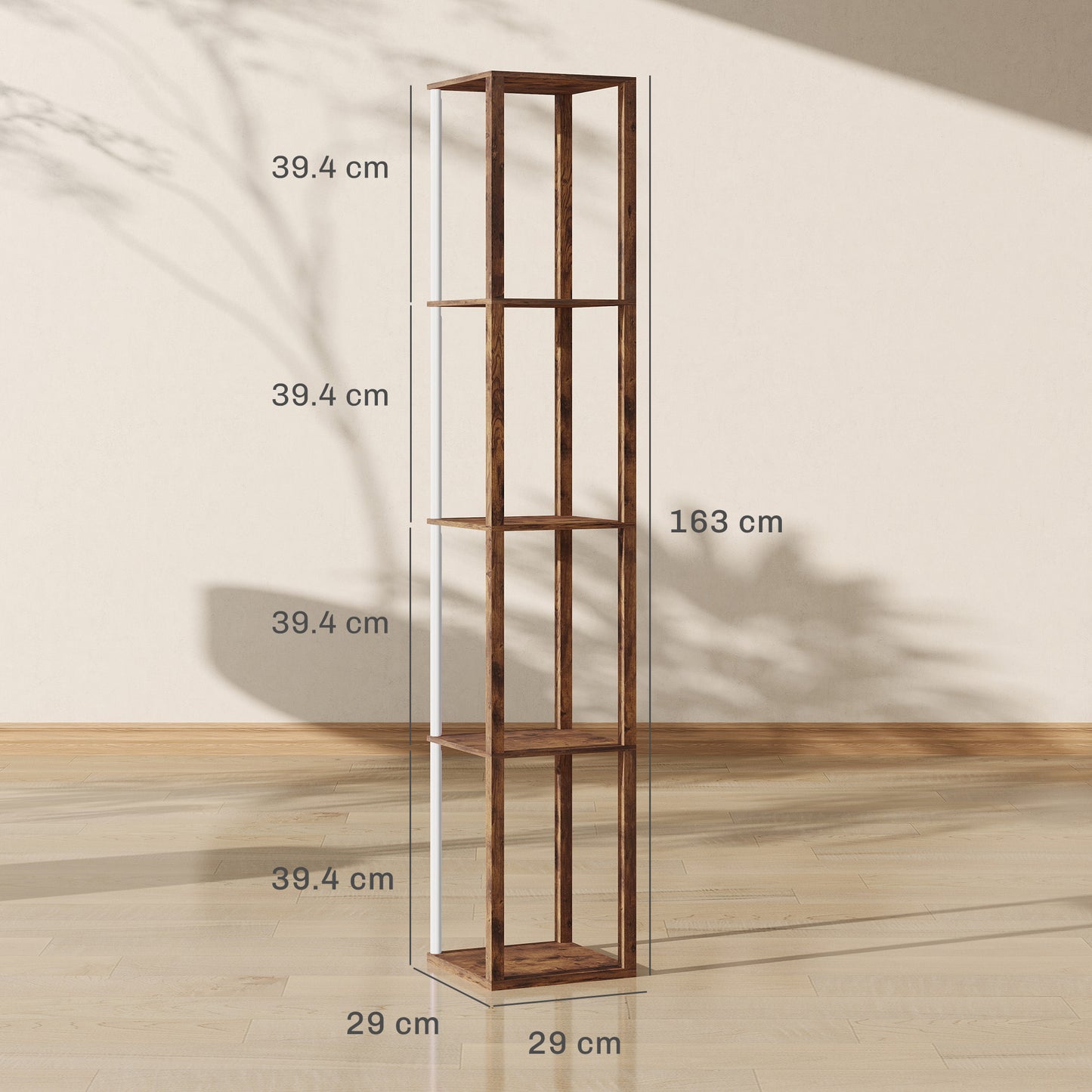 HOMCOM RGB LED Floor Lamp With Shelves, Modern Dimmable Standing Lamp With Remote Control Rustic Brown