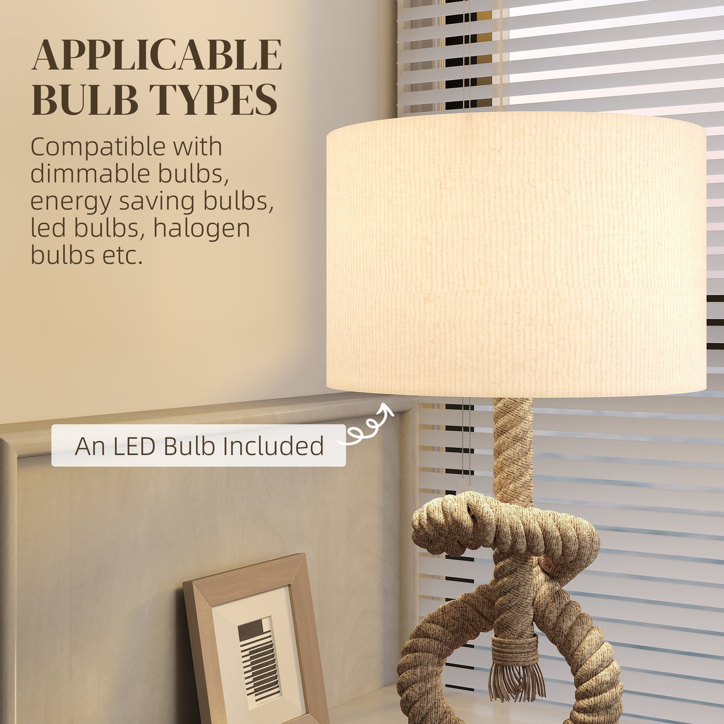 HOMCOM Nautical Table Lamps Set Of 2 With USB Port For Bedroom And Living Room Warm White LED Bulbs Included Hemp Rope