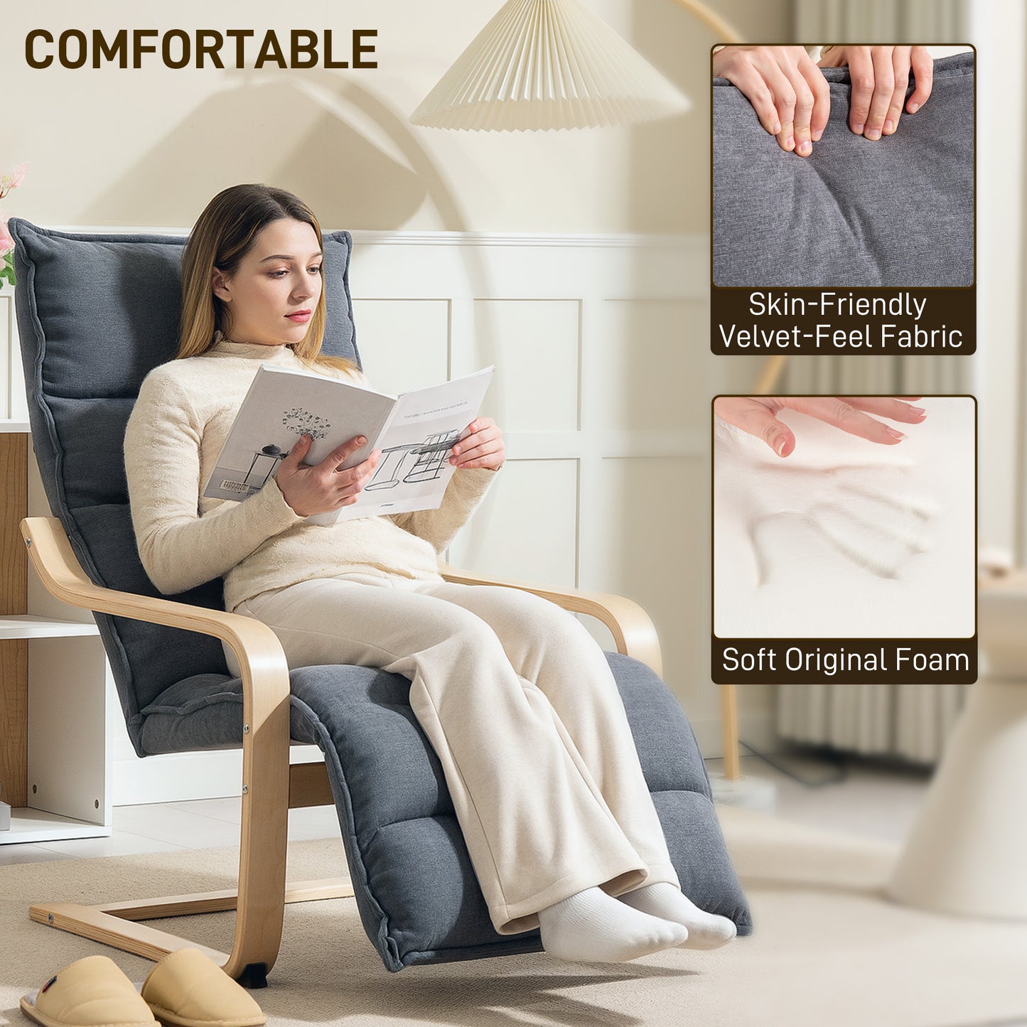 HOMCOM Curved Wooden Accent Chair With Adjustable Footrest Dark Grey Velvet Upholstery 12cm Padded Seat For Comfort