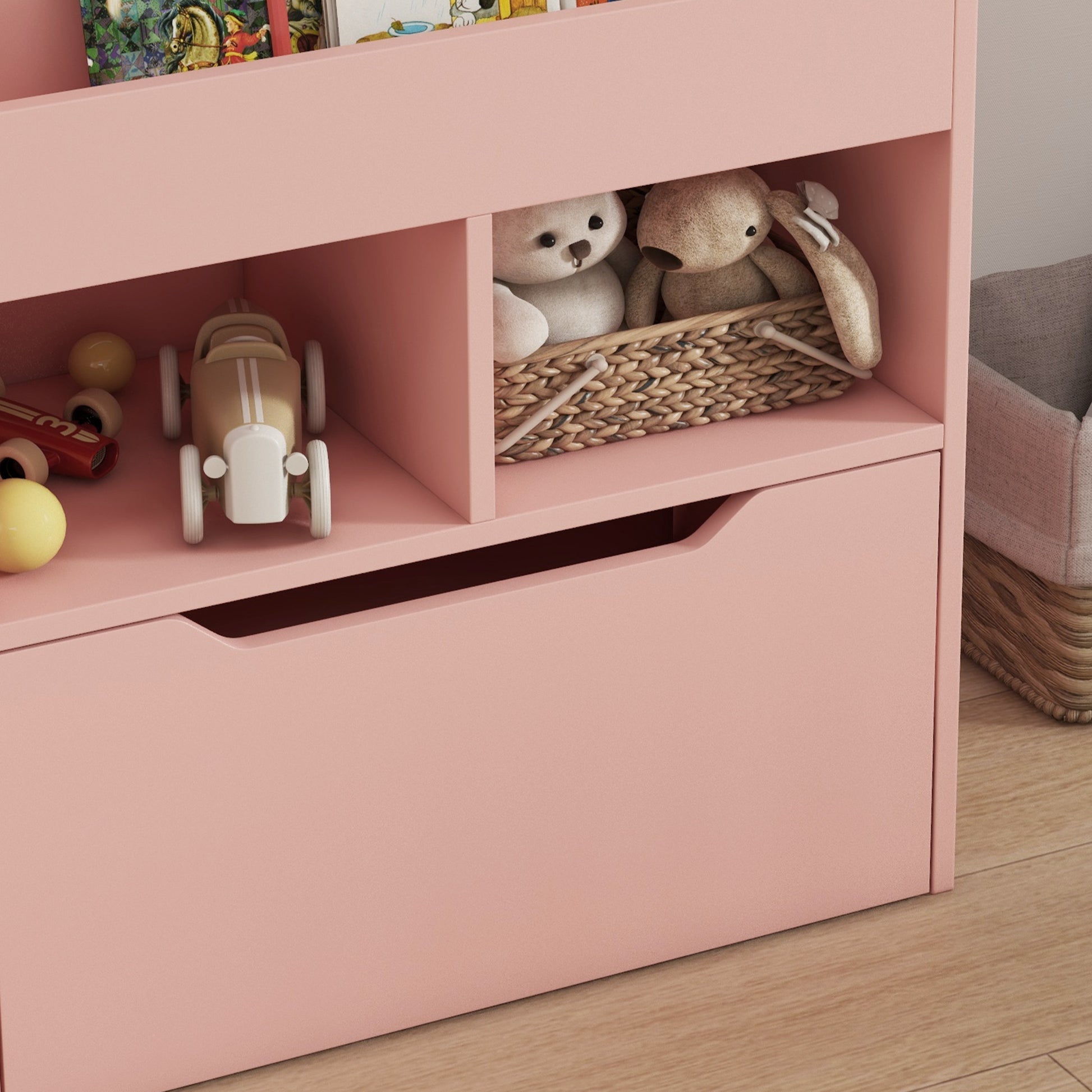 HOMCOM Pink Kids Storage Bookshelf with Wheels and Drawer - Organiser for Toys and Books - ALL4U RETAILER LTD