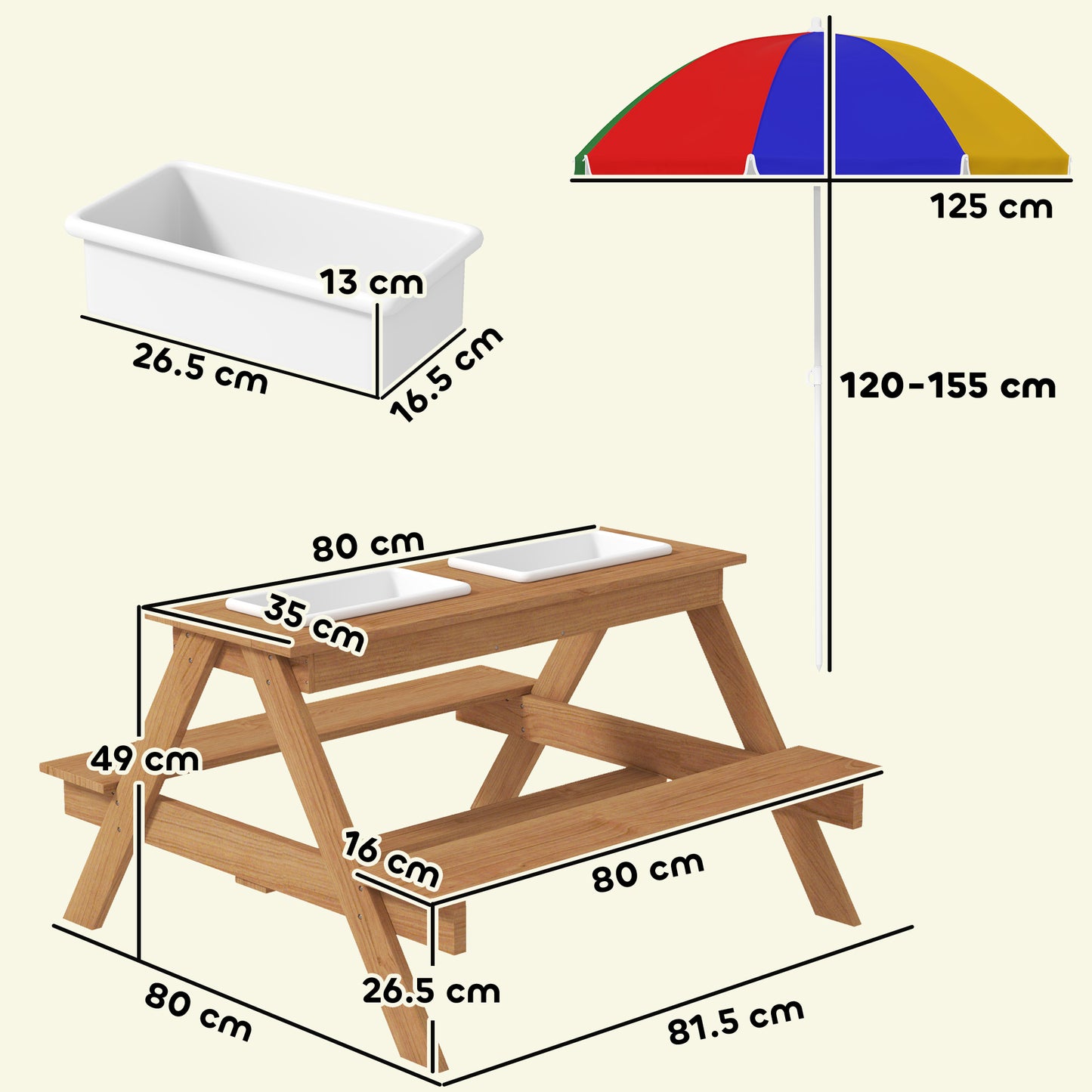 AIYAPLAY Kids Picnic Table With Sand And Water Bins Two Benches Adjustable Parasol Storage Multicolour Garden Furniture
