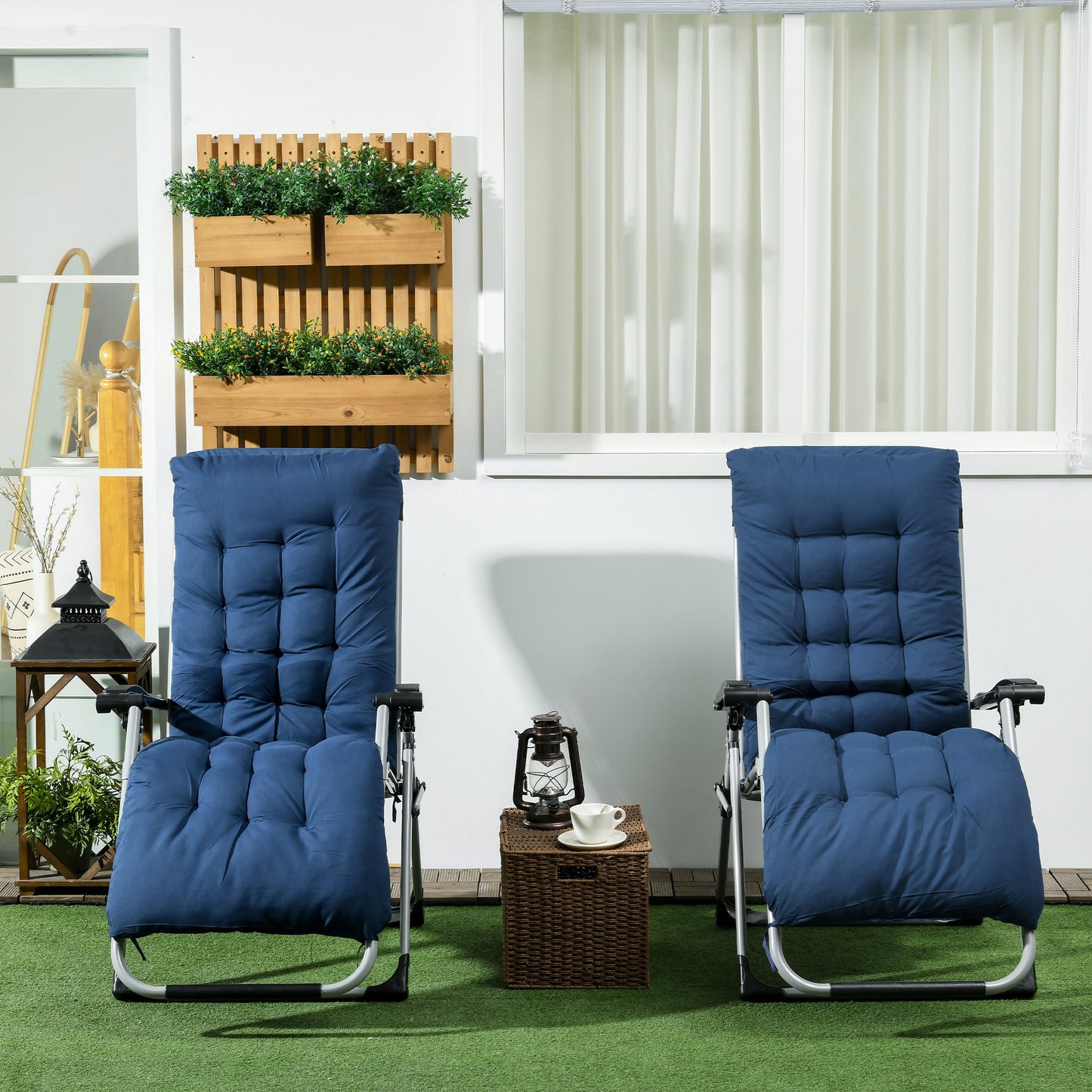 Outsunny 2 Pc Reclining Zero Gravity Sun Loungers Folding Chaise Lounge Chair With Cushions Blue Outdoor Patio Set