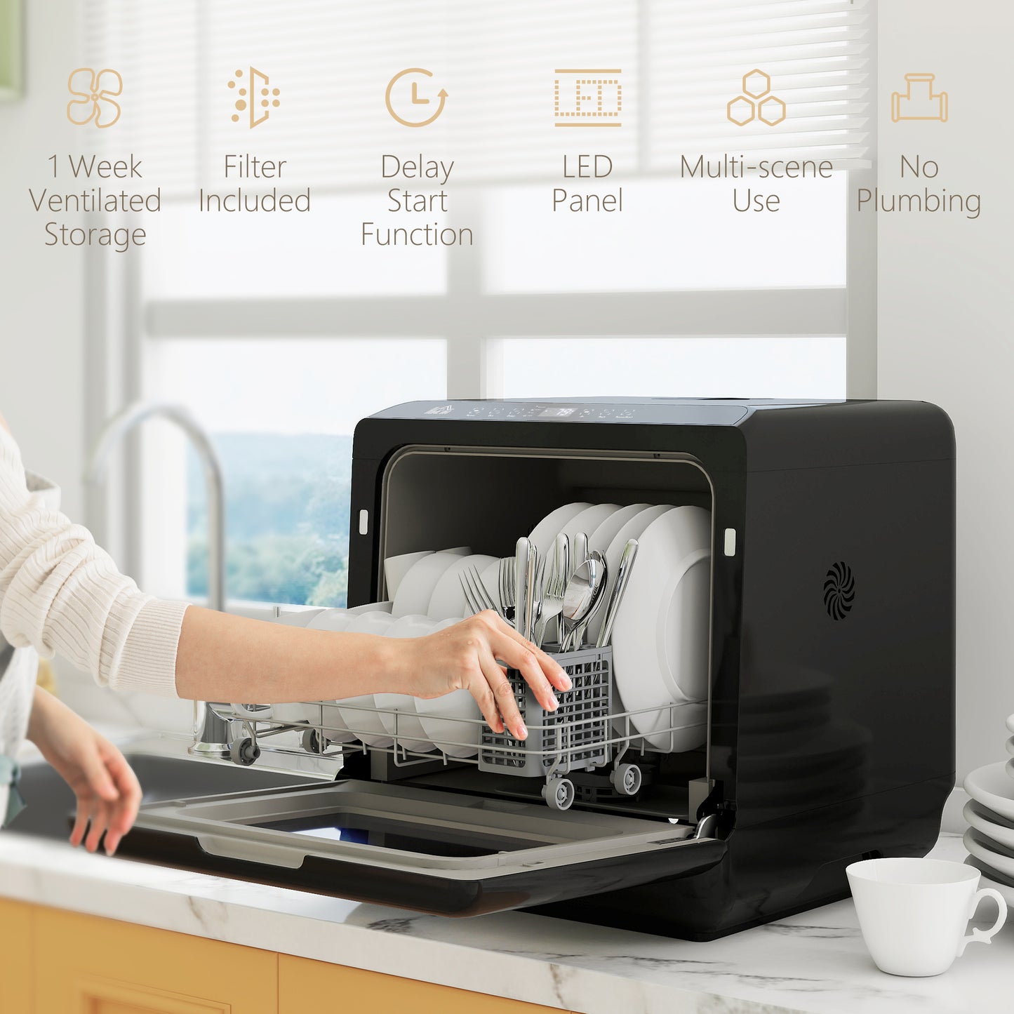 HOMCOM 6L Five Mode Countertop Dishwasher Black 4 Place Settings Normal Rapid Energy Saving Intensive Fruit Wash