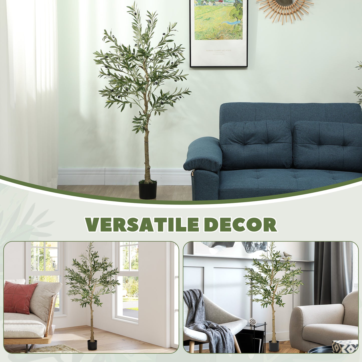 HOMCOM Silk Leaf Artificial Olive Trees With Cement Filled Pots, Lifelike Foliage And Shapeable Branches