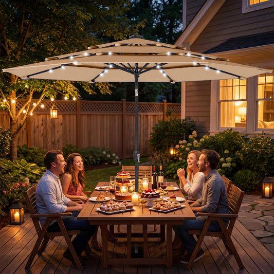 Outsunny 2.8m Garden Parasol Umbrella With LED Solar Light Parasol Cover 3 Tier Outdoor Table Market Patio Khaki