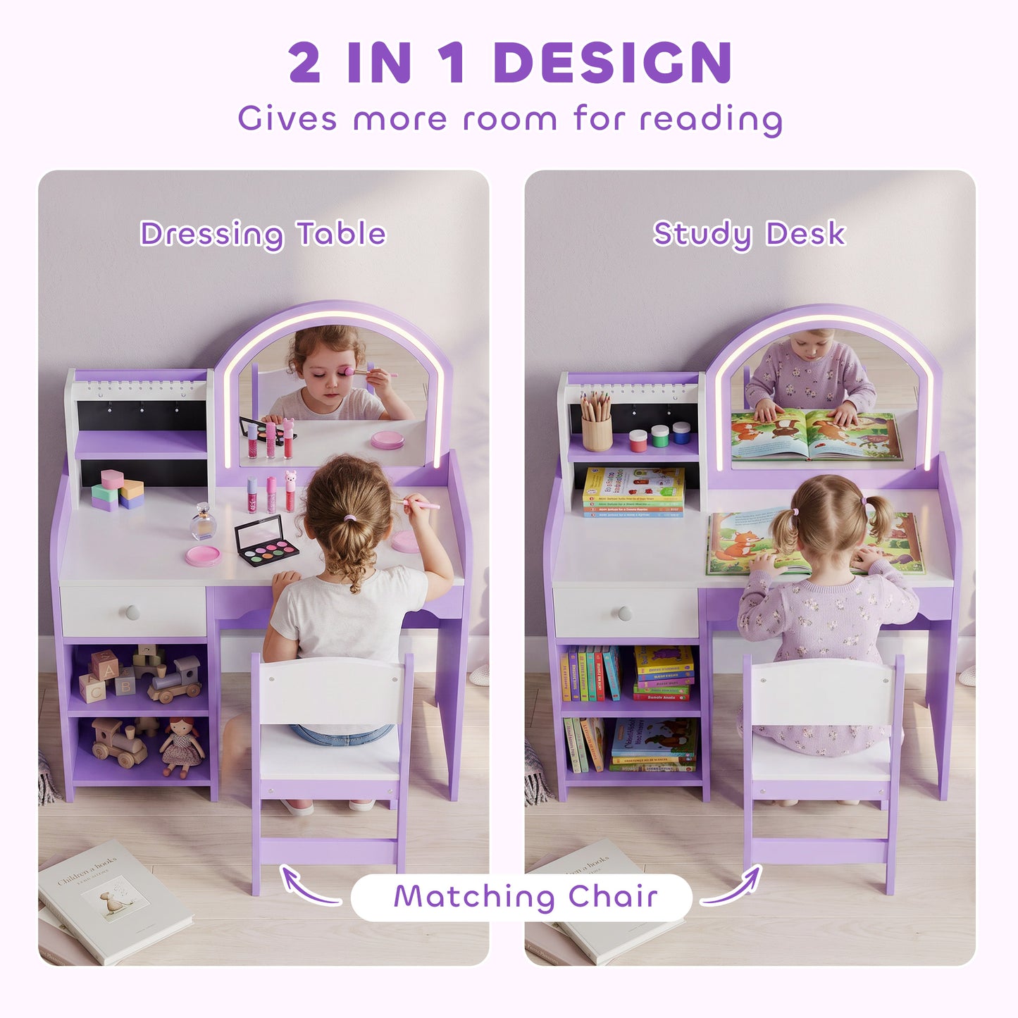 Kids Vanity Set With Light Up Mirror Stool Purple Dressing Table Gift Girls