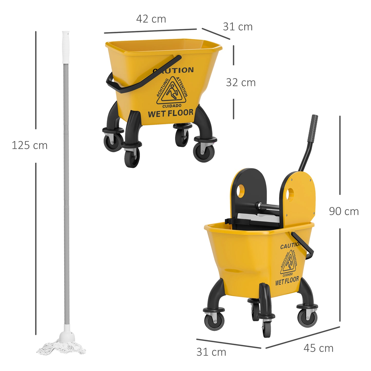 HOMCOM 26 Litre Mop Bucket With Wringer And Mop Yellow For Efficient Floor Cleaning
