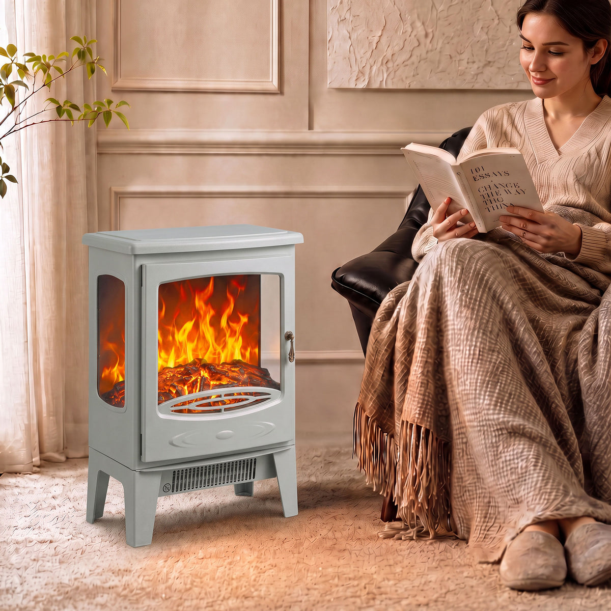 Grey electric fireplace heater with tempered glass door and LED flame, standing on legs