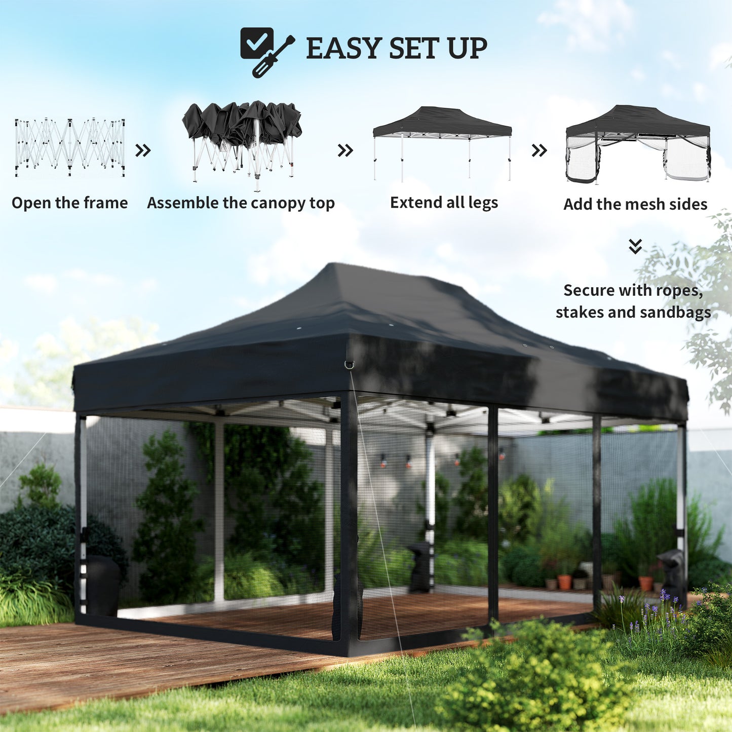 Outsunny 3 By 4.5 Meter Pop Up Gazebo With Mesh Netting UPF50 Plus Heavy Duty Outdoor Garden Tent Marquee Black