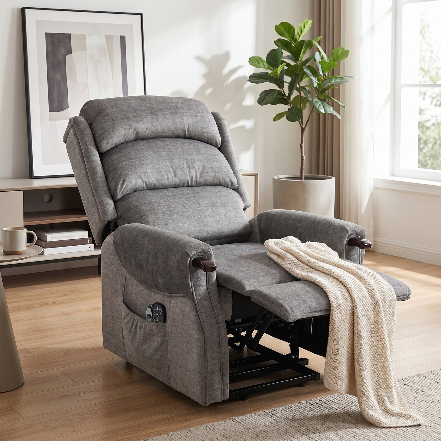 HOMCOM Power Lift Recliner With Vibration Massage And Heat For Tall Users Wood Grip Pocket Spring Light Grey