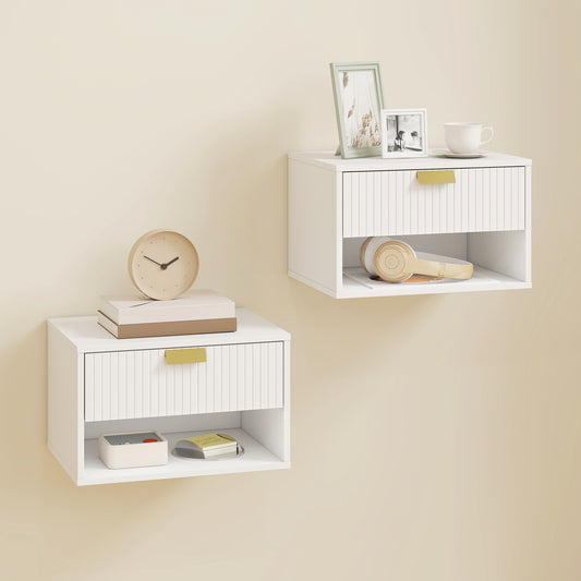 HOMCOM Set Of 2 Wall Mounted Nightstands Floating Bedside Tables With Fluted Drawer Open Shelf White