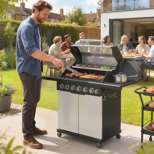 Outsunny Six Plus One Burner Gas BBQ Grill Outdoor Trolley With Wheels Warming Rack Thermometer Bottle Opener Silver