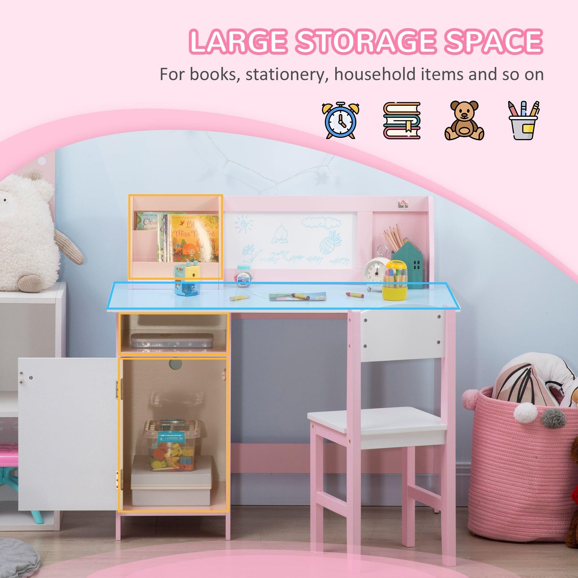 HOMCOM 2 PCs Childrens Table and Chair Set w/ Whiteboard Storage - Pink - ALL4U RETAILER LTD