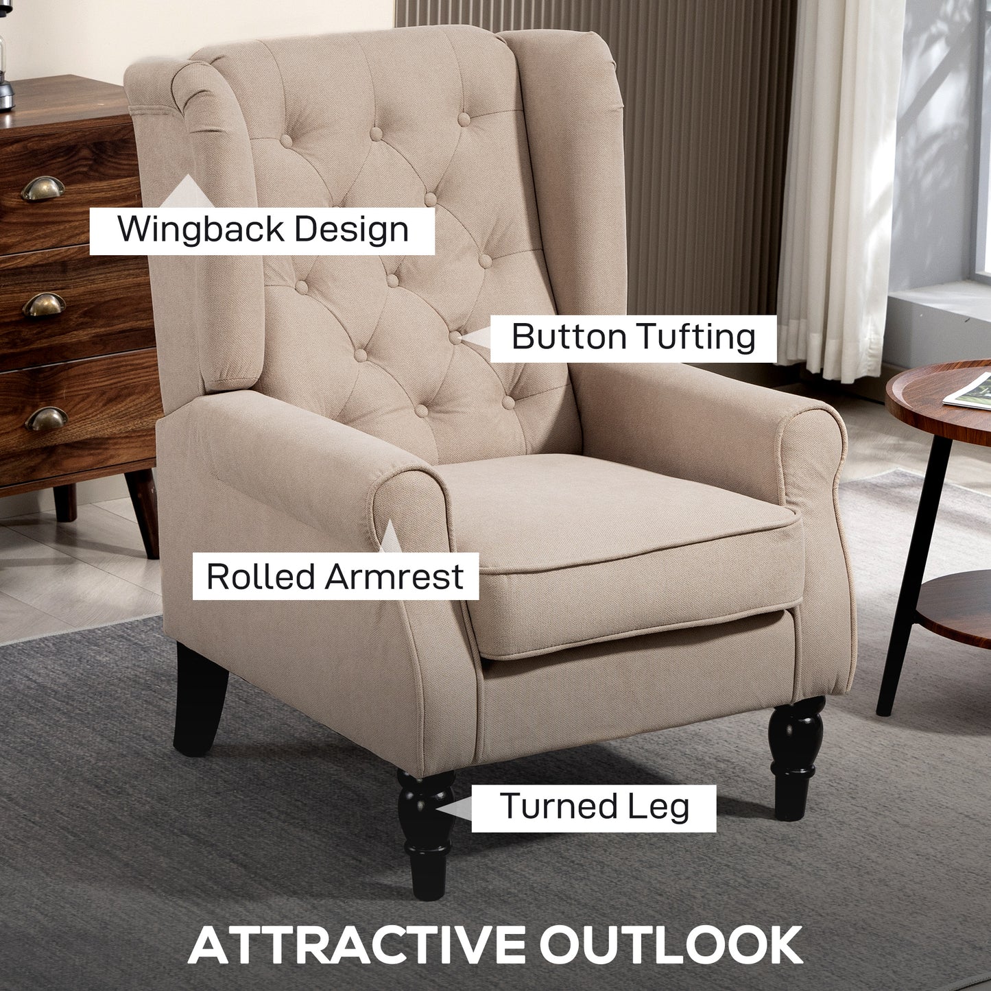 HOMCOM Wingback Accent Chair Tufted Upholstered Retro Style Beige For Living Room And Bedroom