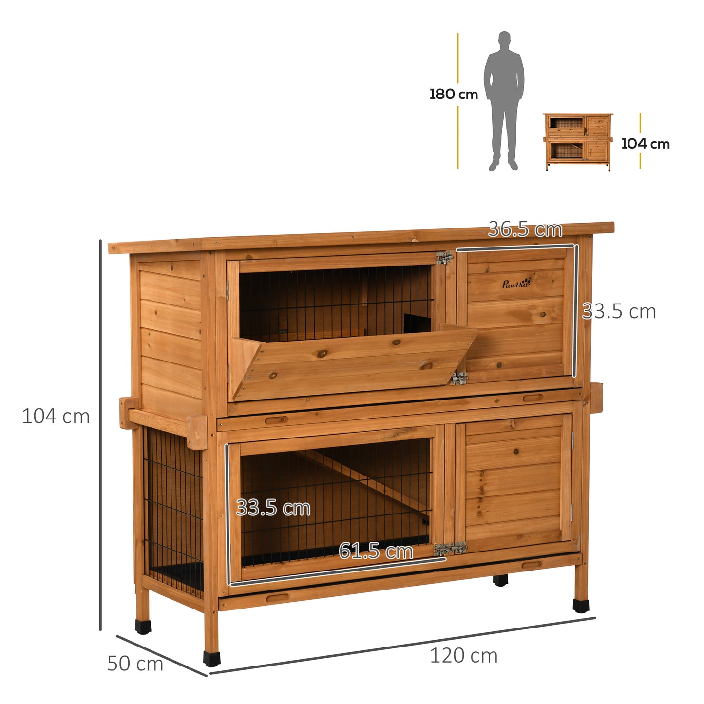 PawHut Outdoor 2-Tier Wooden Rabbit Hutch with Ramp and Removable Trays - Orange - ALL4U RETAILER LTD