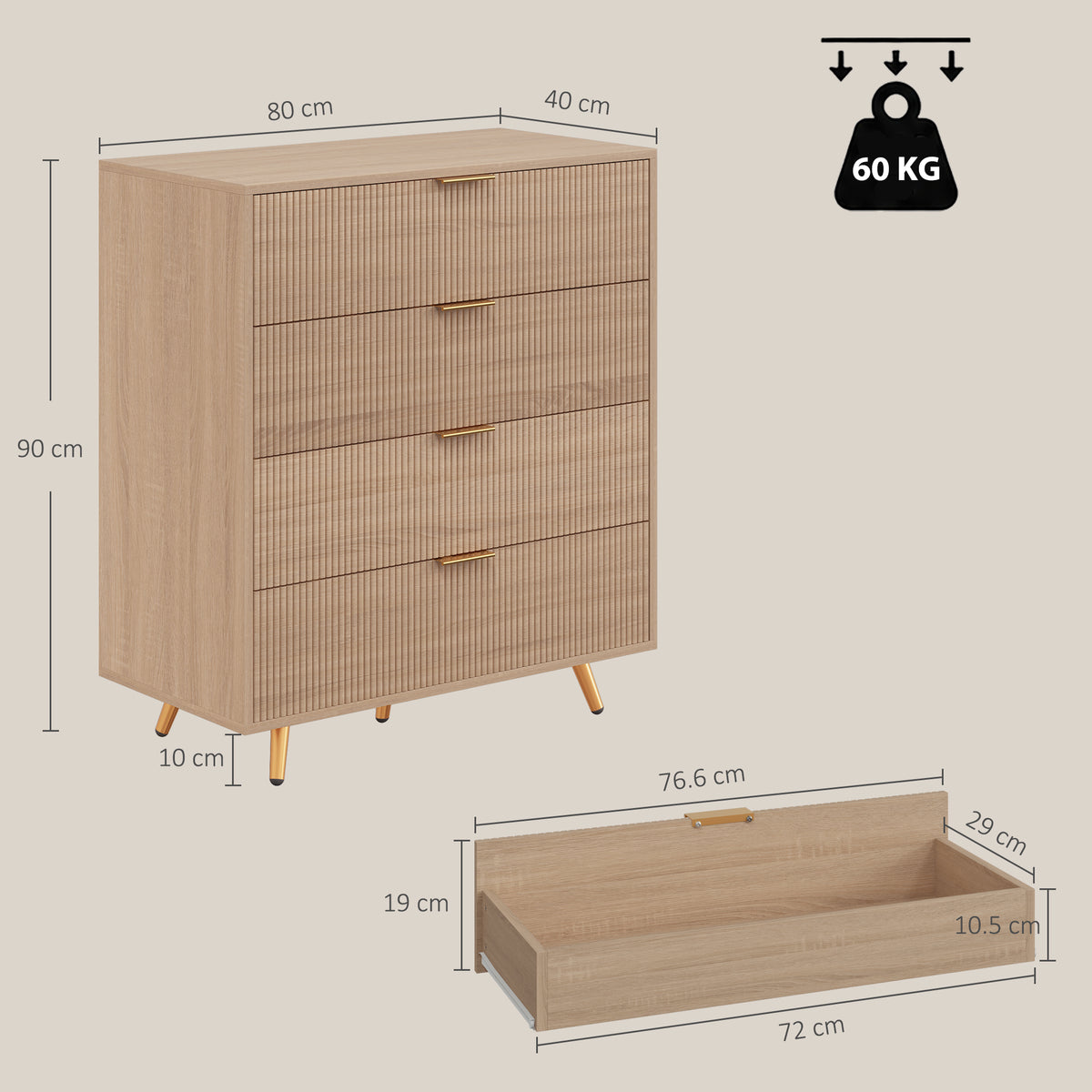 Homcom Bedroom Chest Of Drawers With 4 Drawers Gold Handles Fluted Dresser