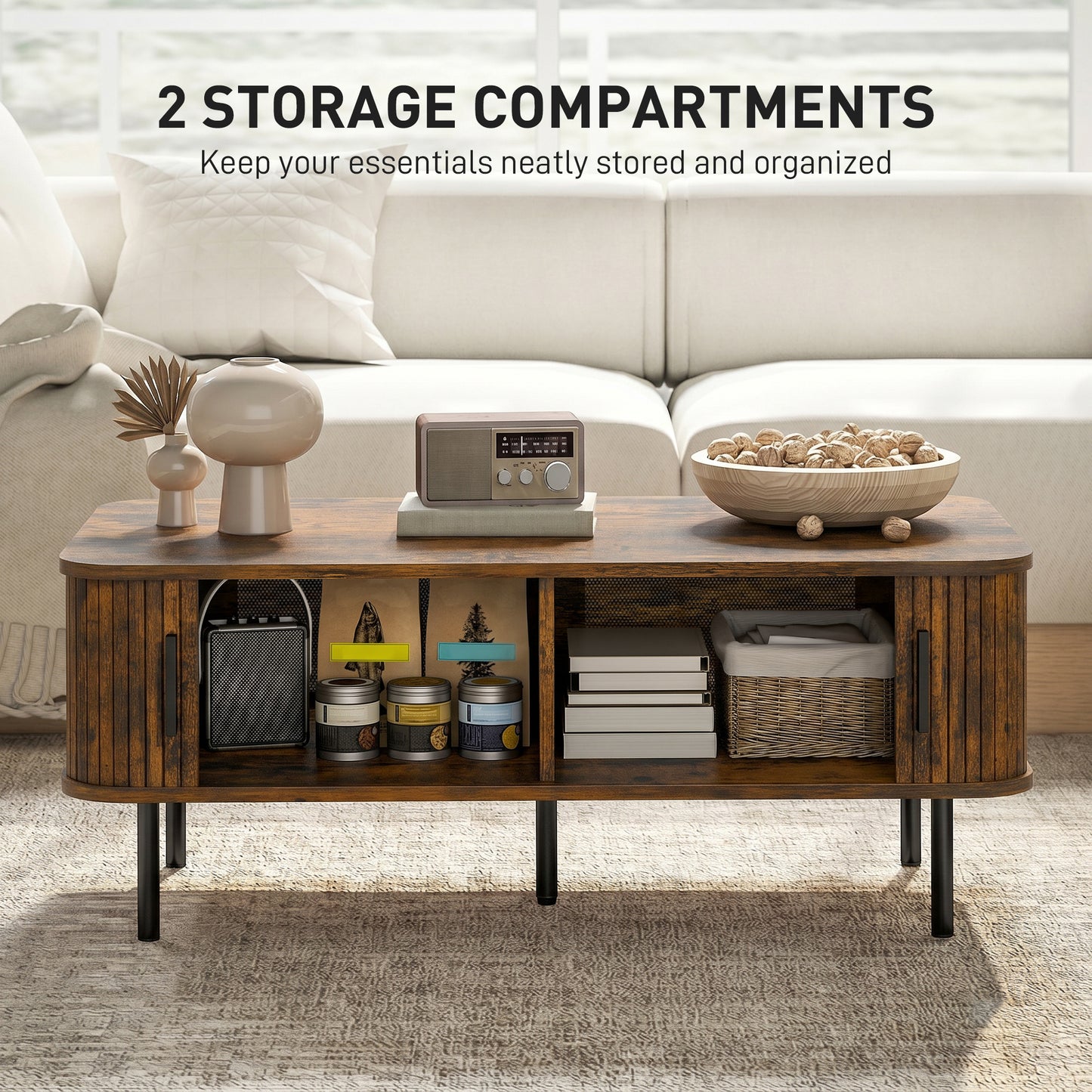 HOMCOM Coffee Table With Storage Slatted Tambour Sliding Doors Elevated Base Rustic Brown For Living Room